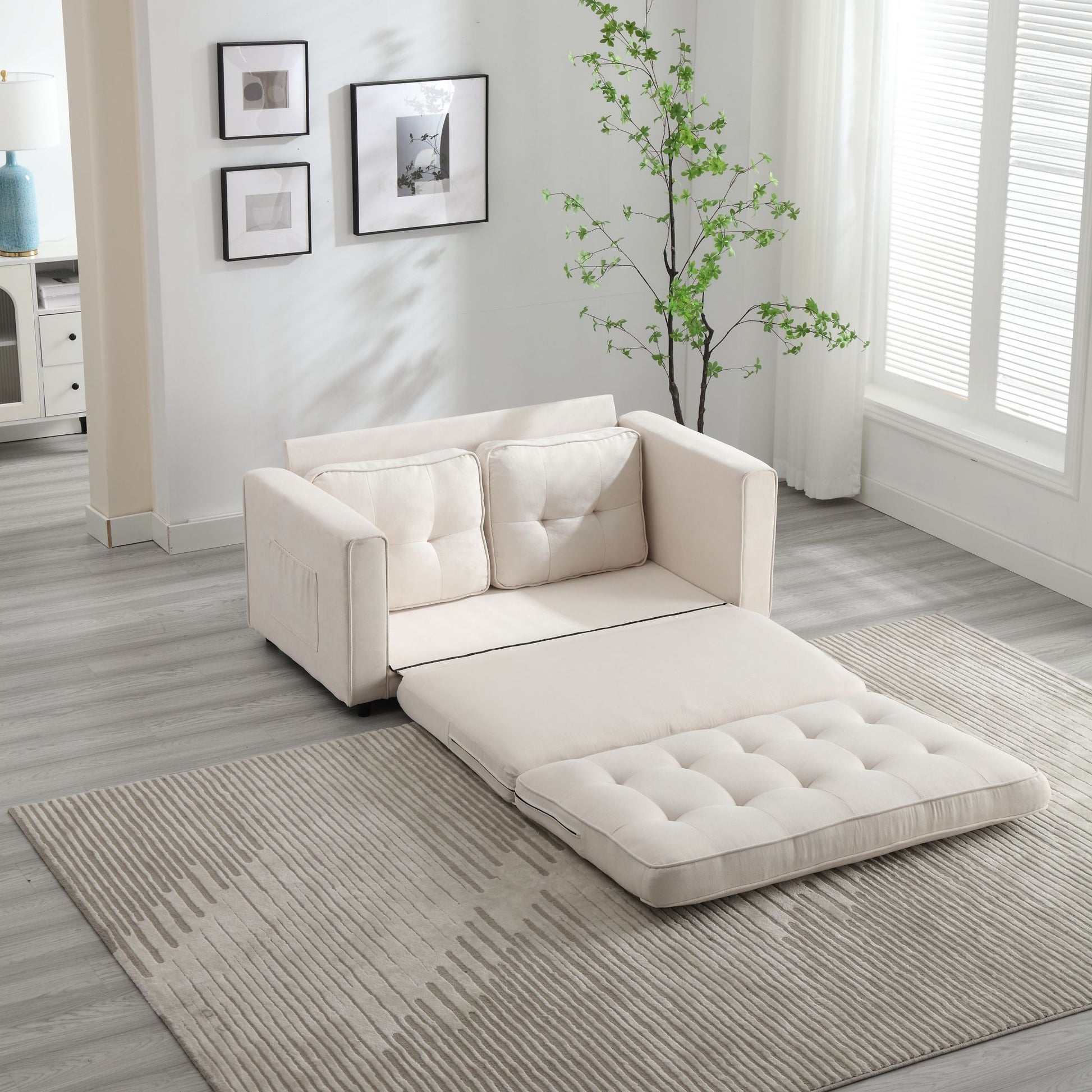 3 Fold Sofa,Convertible Futon Couch Sleeper Sofabed,Space Saving Seat,Pull Out Couch Bed For Living Room,Dark Gray & Light Gray & Beige,Velvet Linen Fabric Beige Velvet Wood Primary Living Space Medium Soft Loose Back Modern Square Arms Velvet 2 Seat