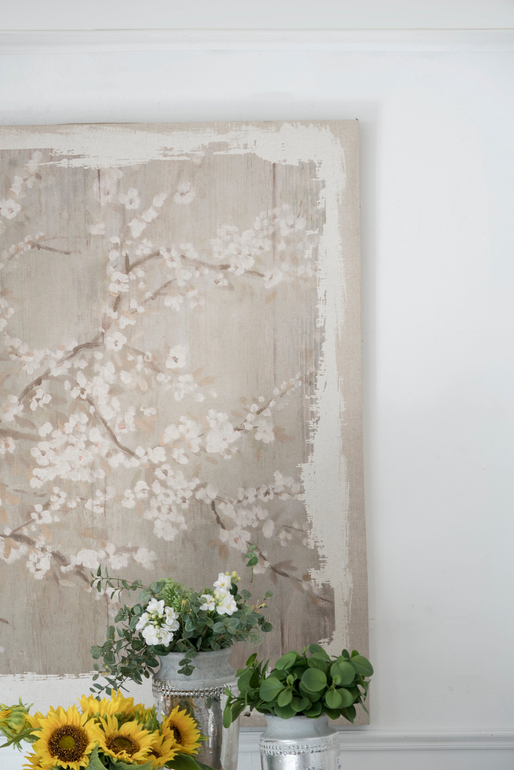 60" X 48" Large Cherry Blossom Canvas Art Print, Home Decor Accent Piece Gray White Matte Mdf