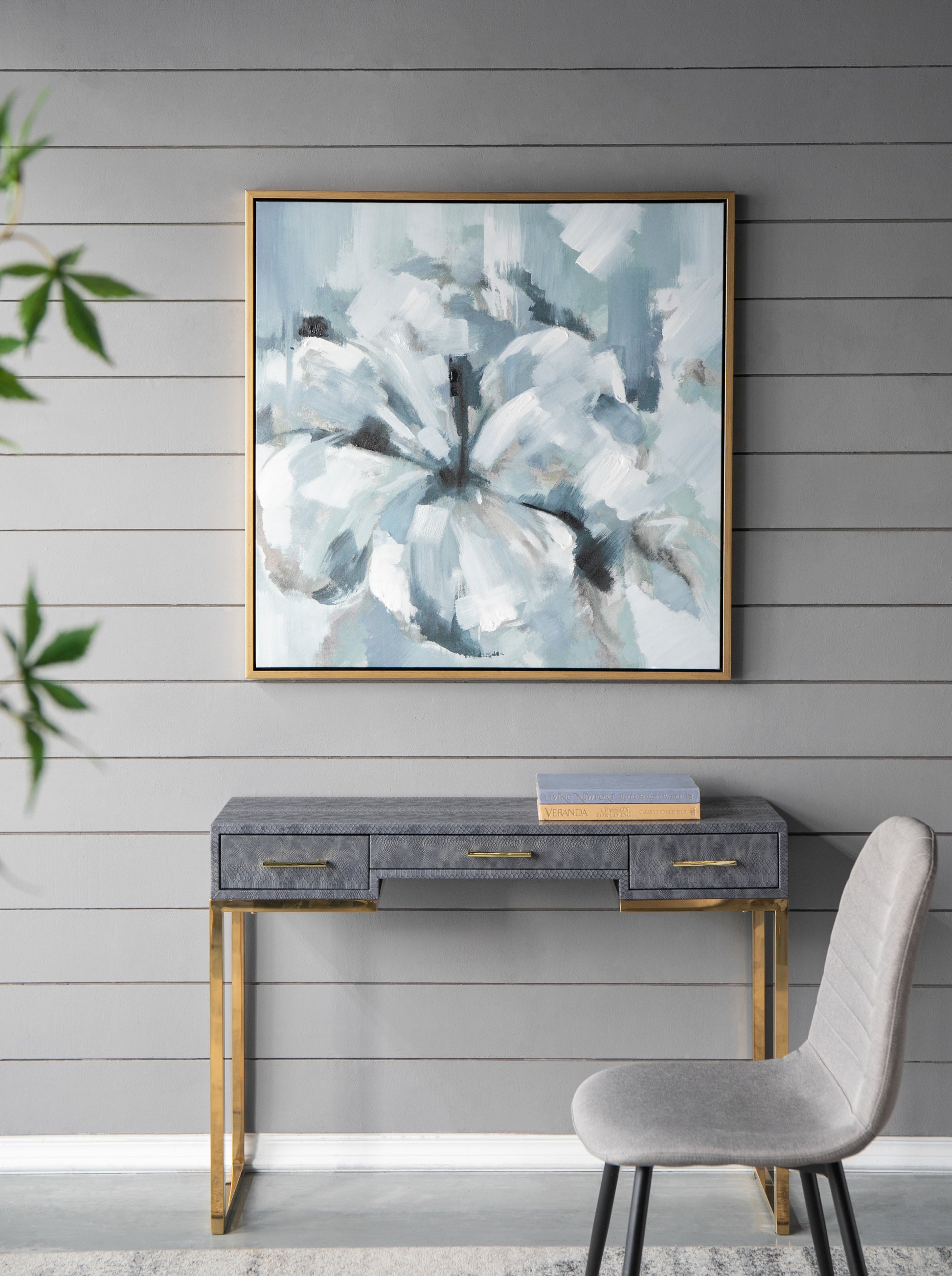 39.5" X 39.5" Large Modern Flower Oil Painting, Square Gold Frame Wall Art Blue Grey Polyester