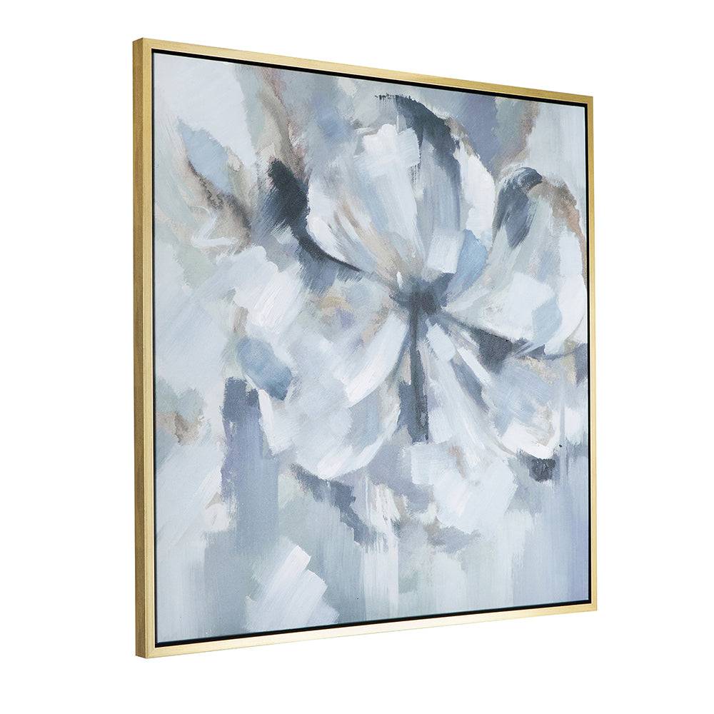 39.5" X 39.5" Large Modern Flower Oil Painting, Square Gold Frame Wall Art Blue Grey Polyester