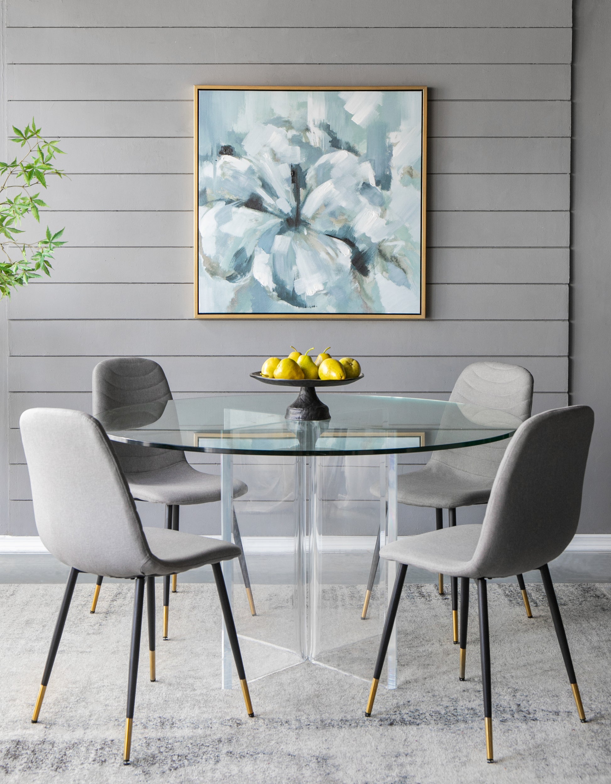 39.5" X 39.5" Large Modern Flower Oil Painting, Square Gold Frame Wall Art Blue Grey Polyester