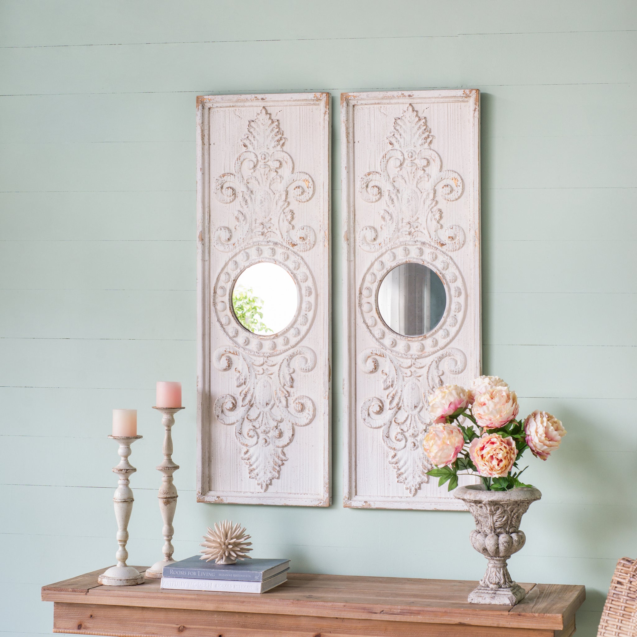 Set Of 2 Large Wooden Wall Art Panels With Distressed White Finish And Round Mirror Accents,17" X 48" White Wood