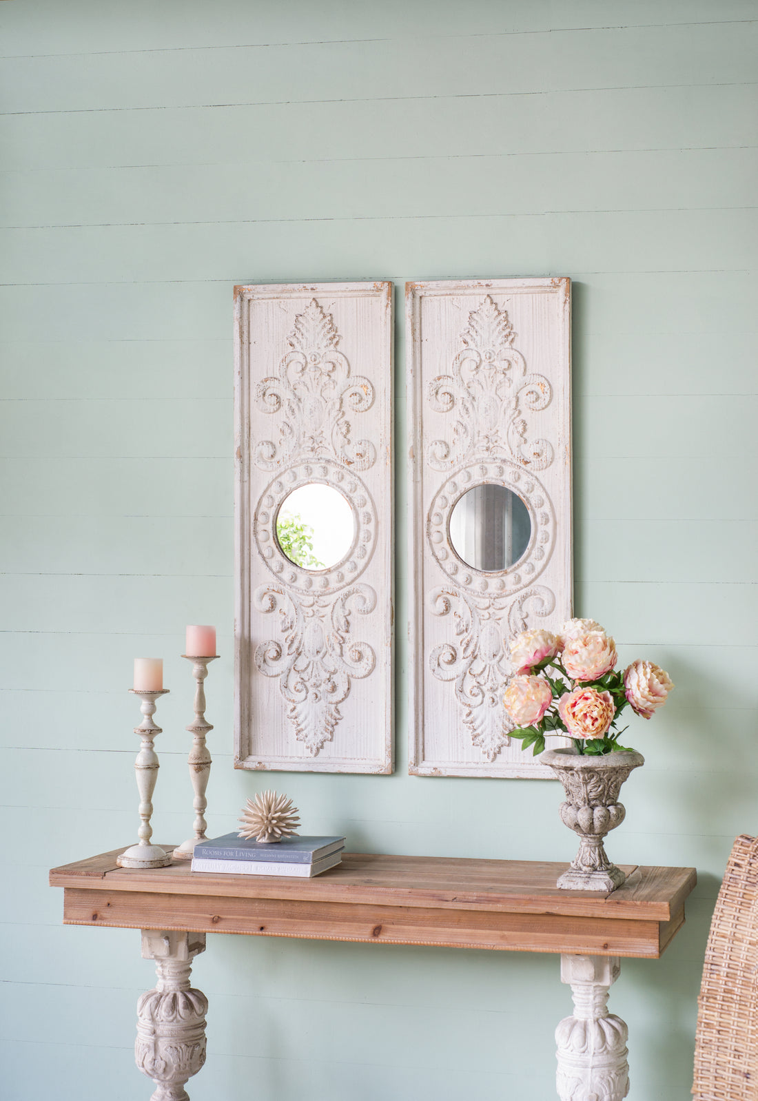 Set Of 2 Large Wooden Wall Art Panels With Distressed White Finish And Round Mirror Accents,17" X 48" White Wood