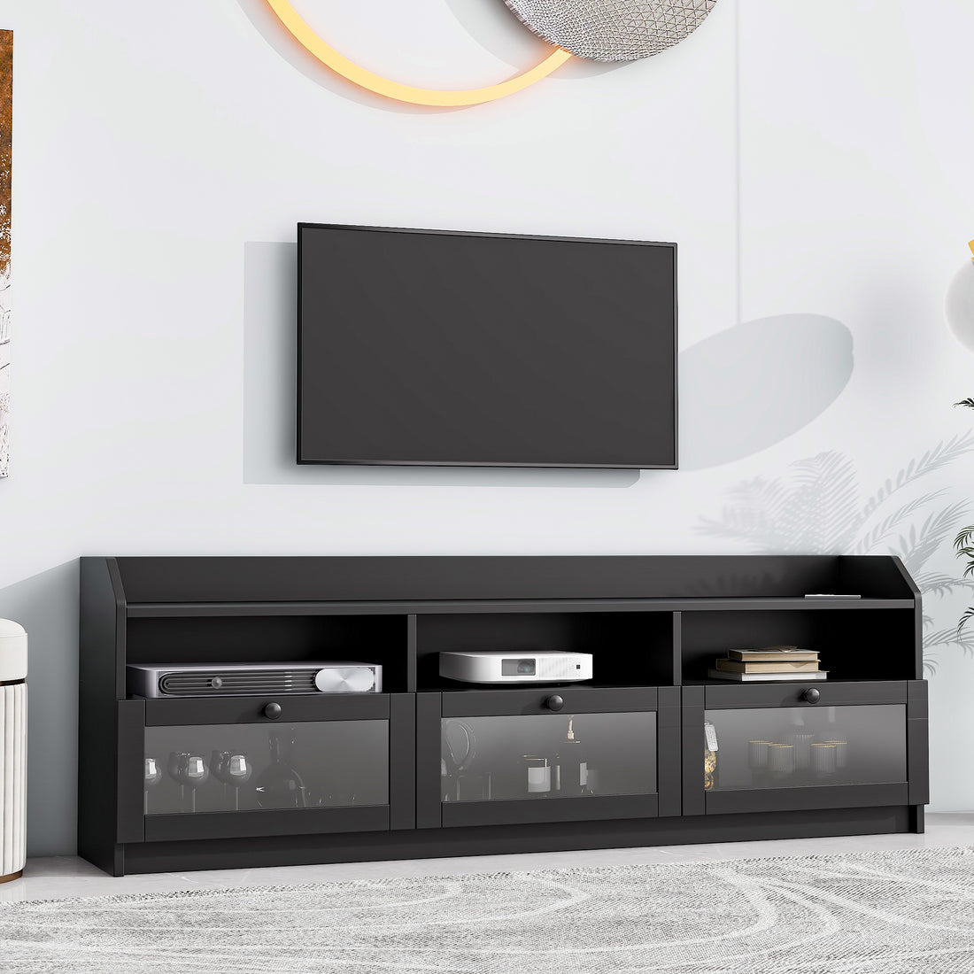 Sleek & Modern Design Tv Stand With Acrylic Board Door, Chic Elegant Media Console For Tvs Up To 65", Large Storage Space Tv Cabinet With Black Handles, Black Black Primary Living Space 60 69 Inches 60 69 Inches 65 Inches Particle Board