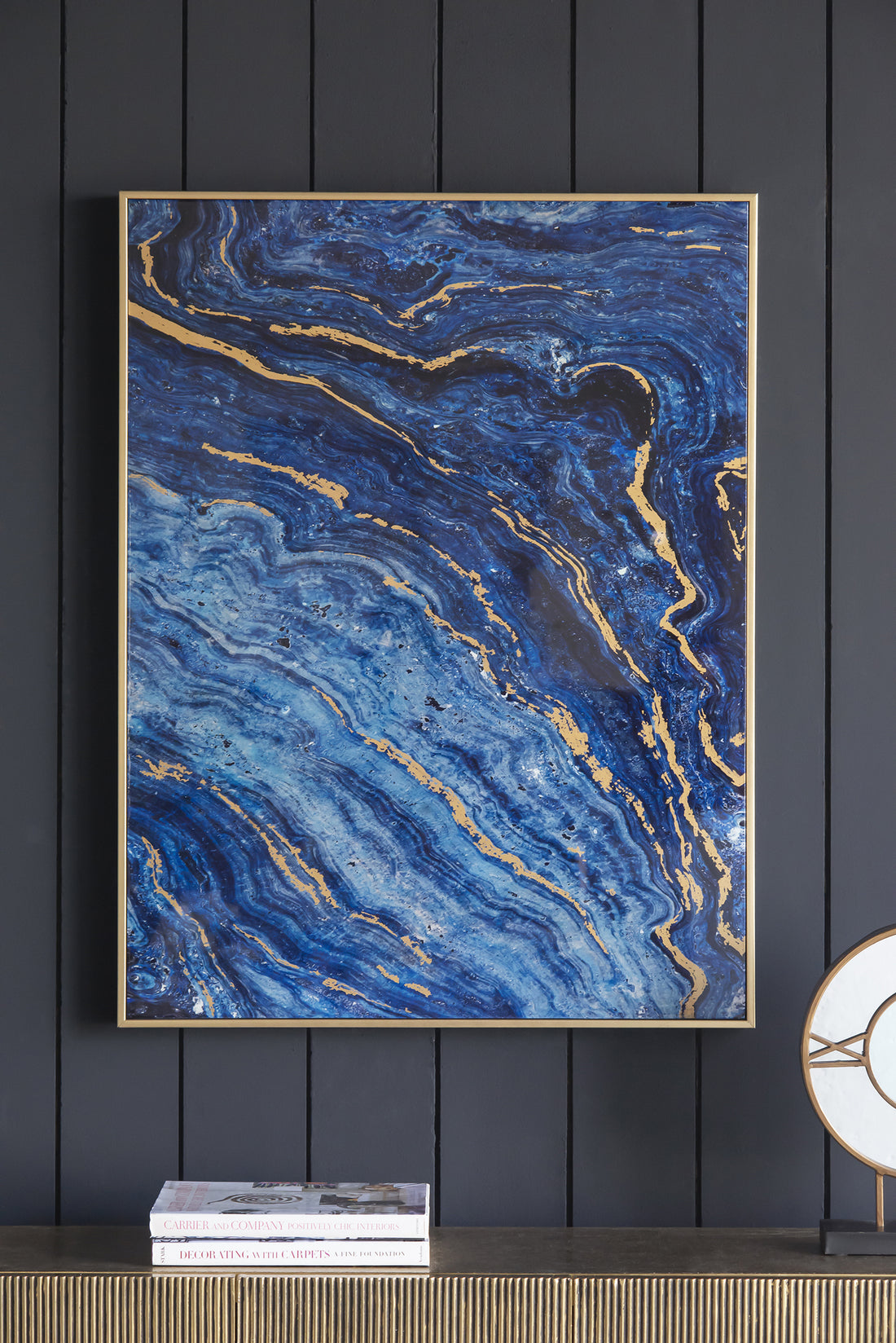 Set Of 2 Blue And Gold Framed Art Panels, Unique Marbled Design, 30.5" X 40" Blue Mdf