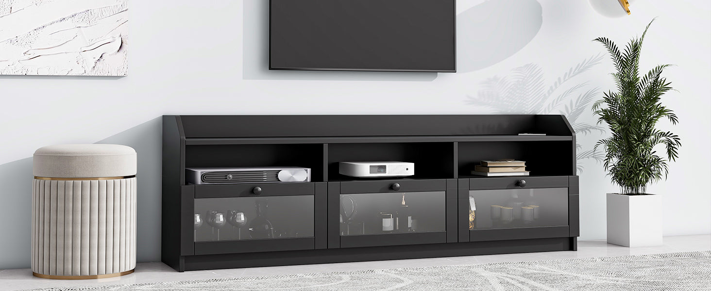 Sleek & Modern Design Tv Stand With Acrylic Board Door, Chic Elegant Media Console For Tvs Up To 65", Large Storage Space Tv Cabinet With Black Handles, Black Black Primary Living Space 60 69 Inches 60 69 Inches 65 Inches Particle Board