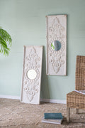 Set Of 2 Large Wooden Wall Art Panels With Distressed White Finish And Round Mirror Accents,17