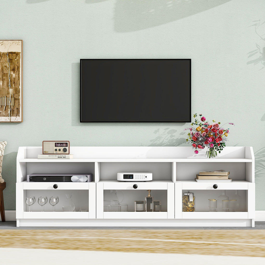 Sleek & Modern Design Tv Stand With Acrylic Board Door, Chic Elegant Media Console For Tvs Up To 65", Large Storage Space Tv Cabinet With Black Handles, White White Primary Living Space 60 69 Inches 60 69 Inches 65 Inches Particle Board