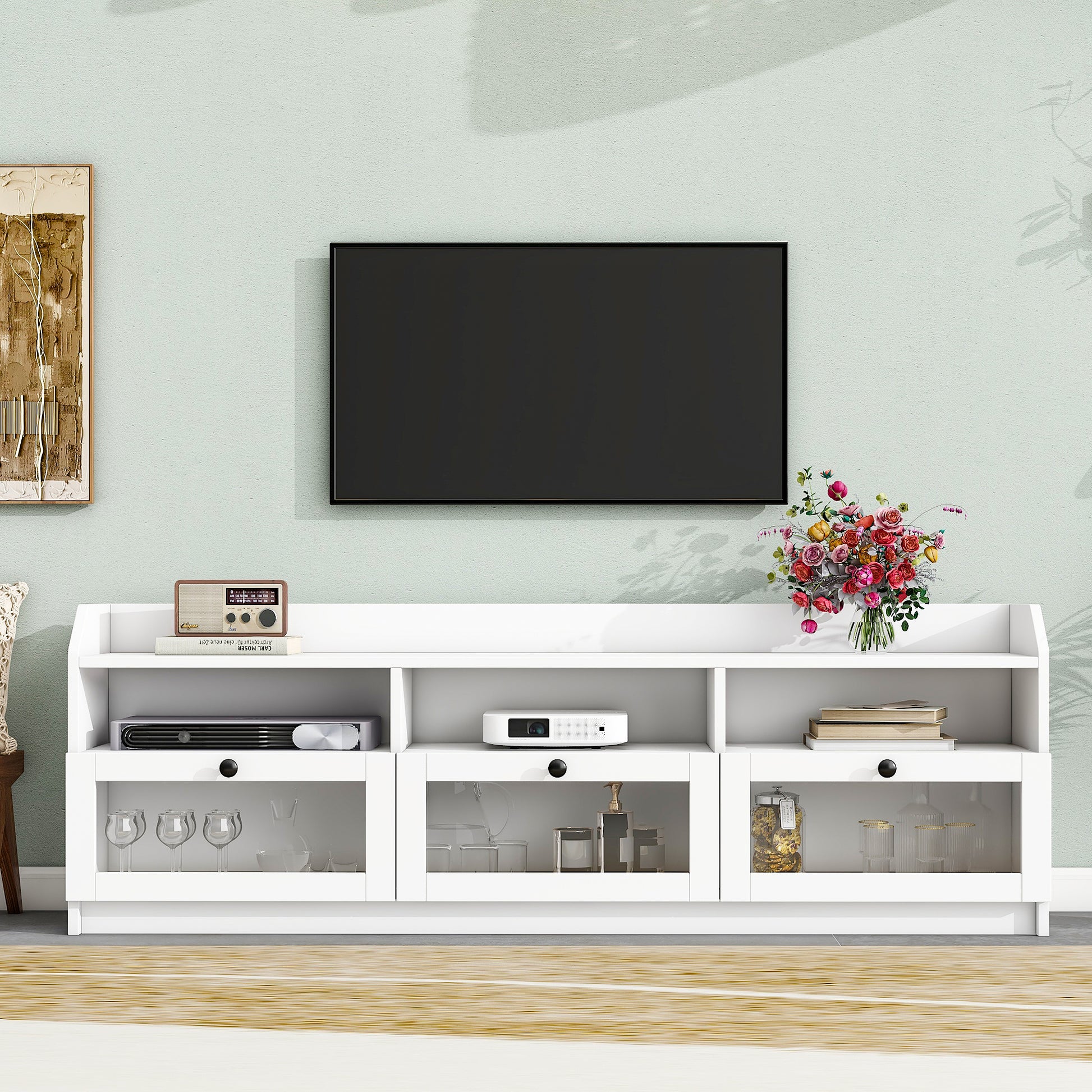 Sleek & Modern Design Tv Stand With Acrylic Board Door, Chic Elegant Media Console For Tvs Up To 65", Large Storage Space Tv Cabinet With Black Handles, White White Primary Living Space 60 69 Inches 60 69 Inches 65 Inches Particle Board