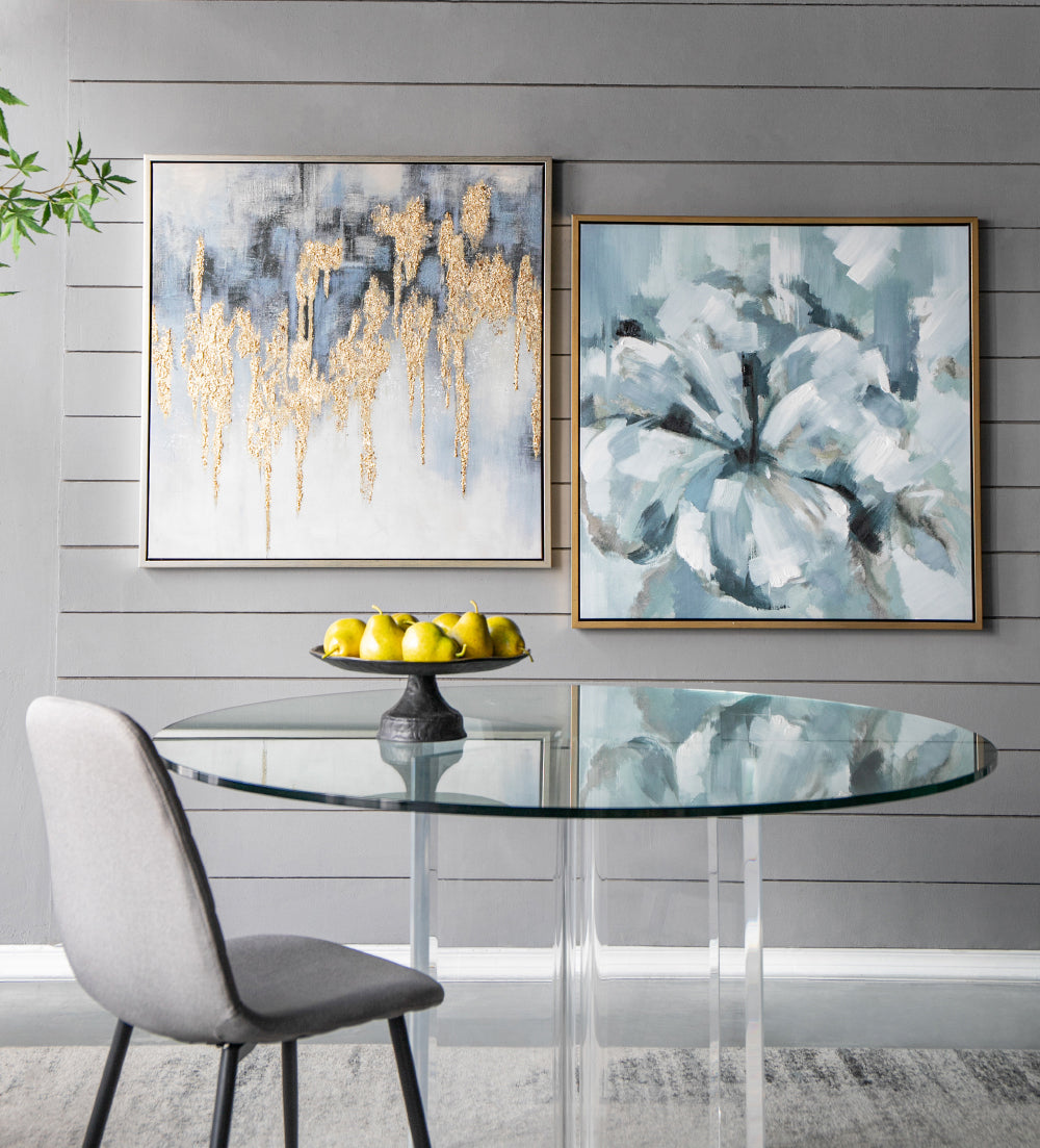 39.5" X 39.5" Large Modern Flower Oil Painting, Square Gold Frame Wall Art Blue Grey Polyester