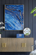 Set Of 2 Blue And Gold Framed Art Panels, Unique Marbled Design, 30.5