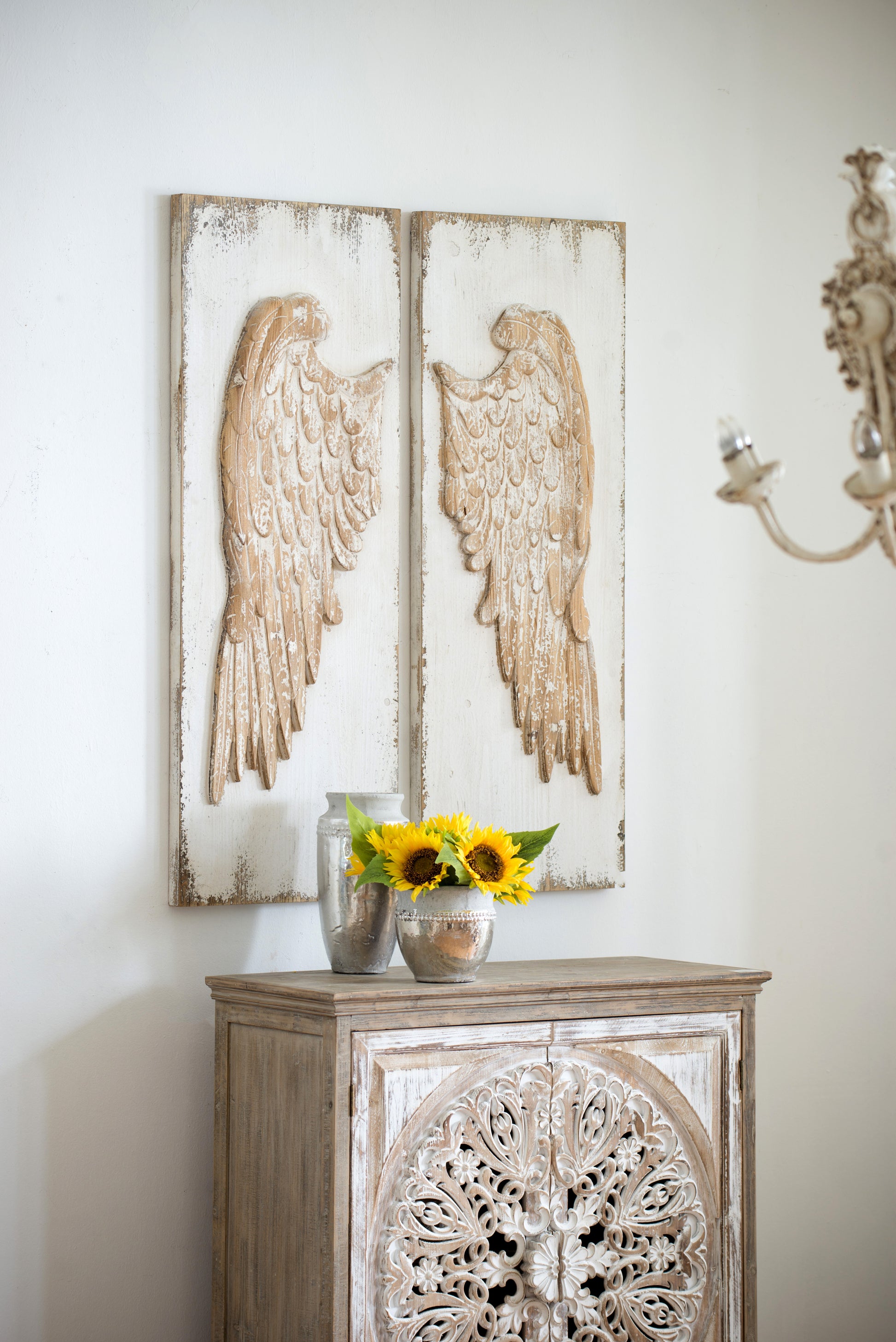 Set Of 2 Feather Wing Wall Panels With Distressed White Finish, Rectangle Hanging Wall Art, 42" X 15.5" Multicolor Wood