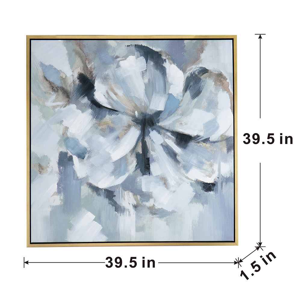 39.5" X 39.5" Large Modern Flower Oil Painting, Square Gold Frame Wall Art Blue Grey Polyester