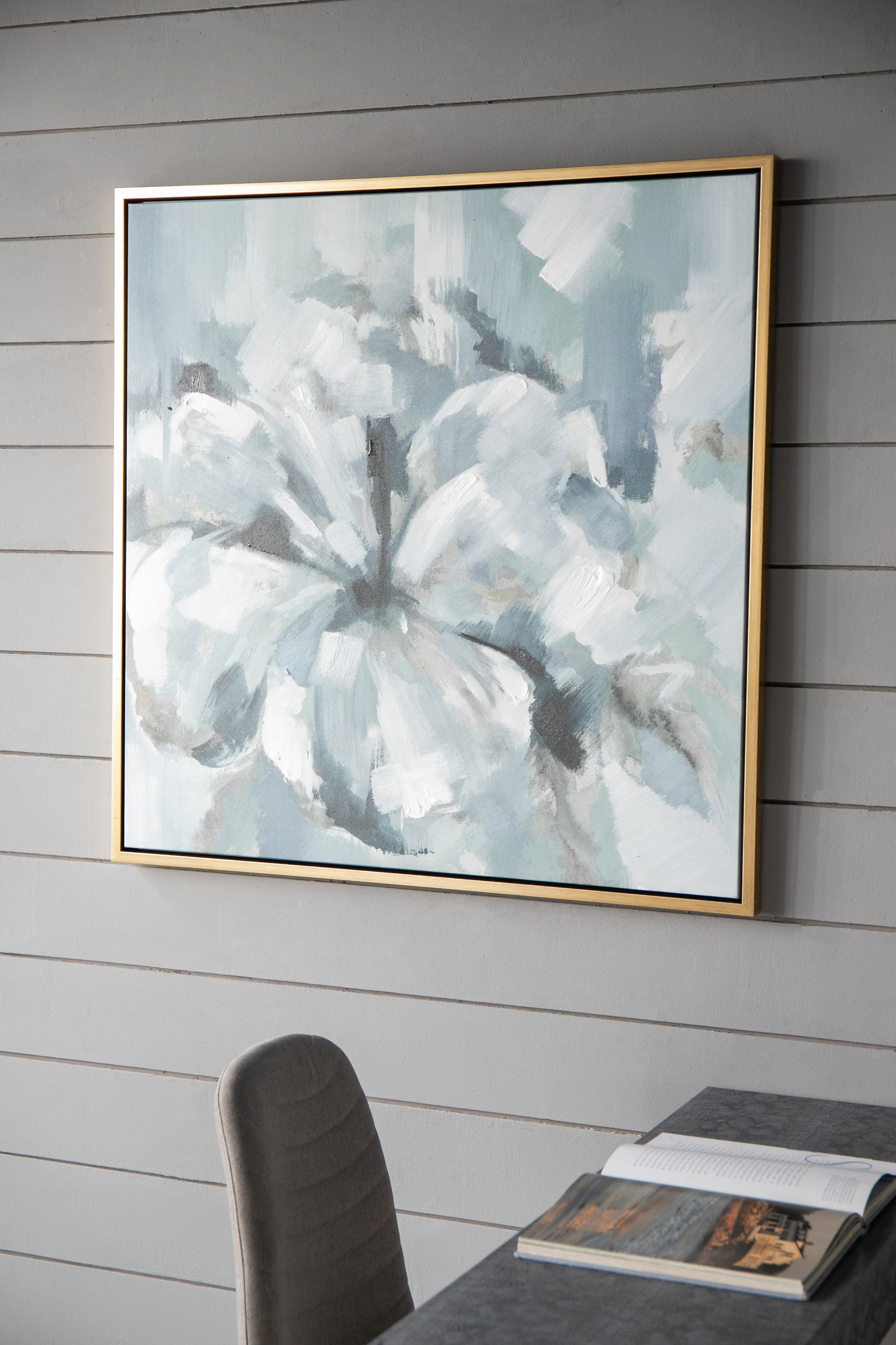 39.5" X 39.5" Large Modern Flower Oil Painting, Square Gold Frame Wall Art Blue Grey Polyester