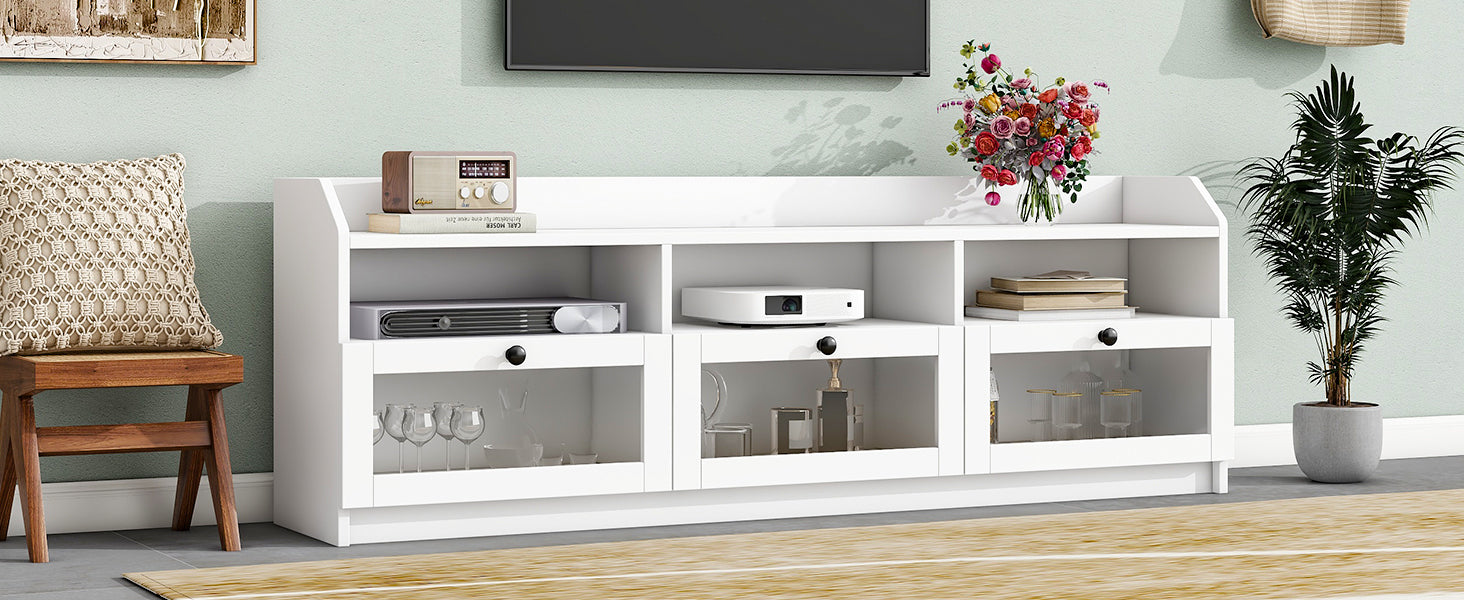 Sleek & Modern Design Tv Stand With Acrylic Board Door, Chic Elegant Media Console For Tvs Up To 65", Large Storage Space Tv Cabinet With Black Handles, White White Primary Living Space 60 69 Inches 60 69 Inches 65 Inches Particle Board