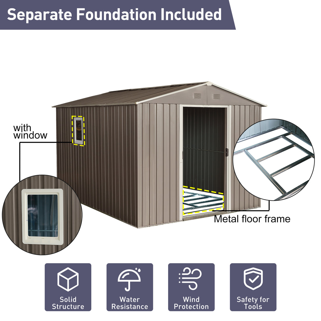 8Ft X 10Ft Outdoor Metal Storage Shed With Metal Floor Base,With Window,Grey W540S00017 Grey Iron