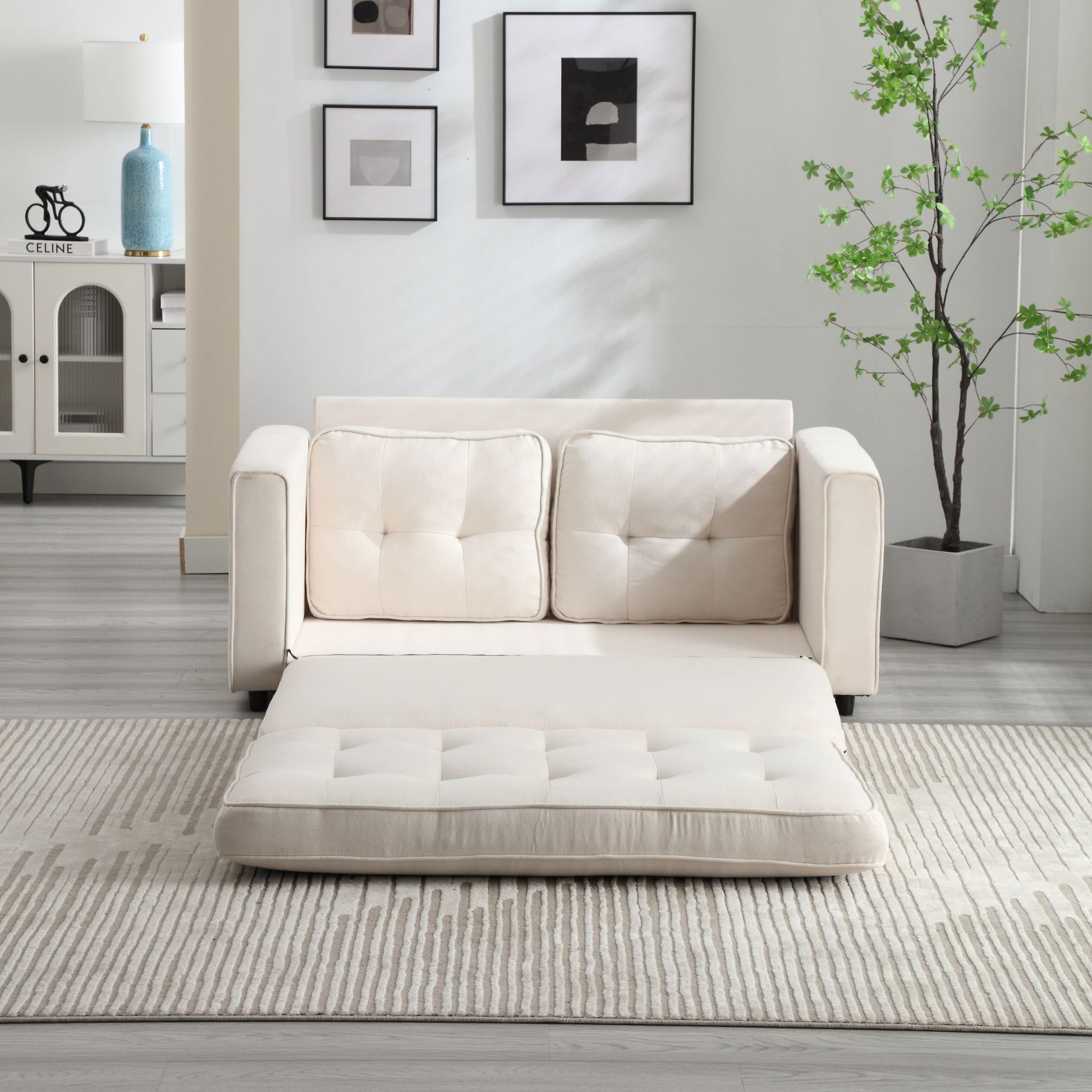 3 Fold Sofa,Convertible Futon Couch Sleeper Sofabed,Space Saving Seat,Pull Out Couch Bed For Living Room,Dark Gray & Light Gray & Beige,Velvet Linen Fabric Beige Velvet Wood Primary Living Space Medium Soft Loose Back Modern Square Arms Velvet 2 Seat