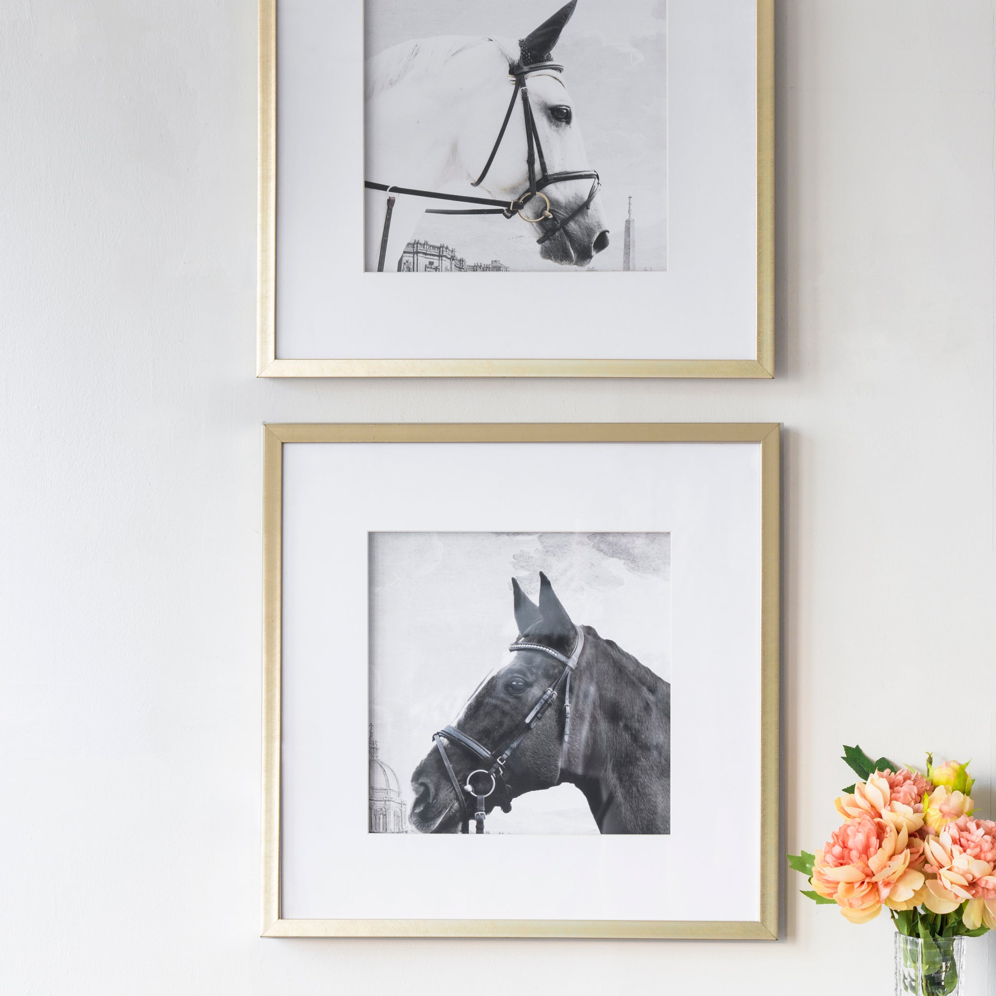 Set Of 2 Wall Art Horse Animal Printing, Wall Decor Accent, 22" X 22" Golden White Plastic