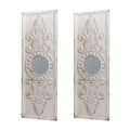 Set Of 2 Large Wooden Wall Art Panels With Distressed White Finish And Round Mirror Accents,17