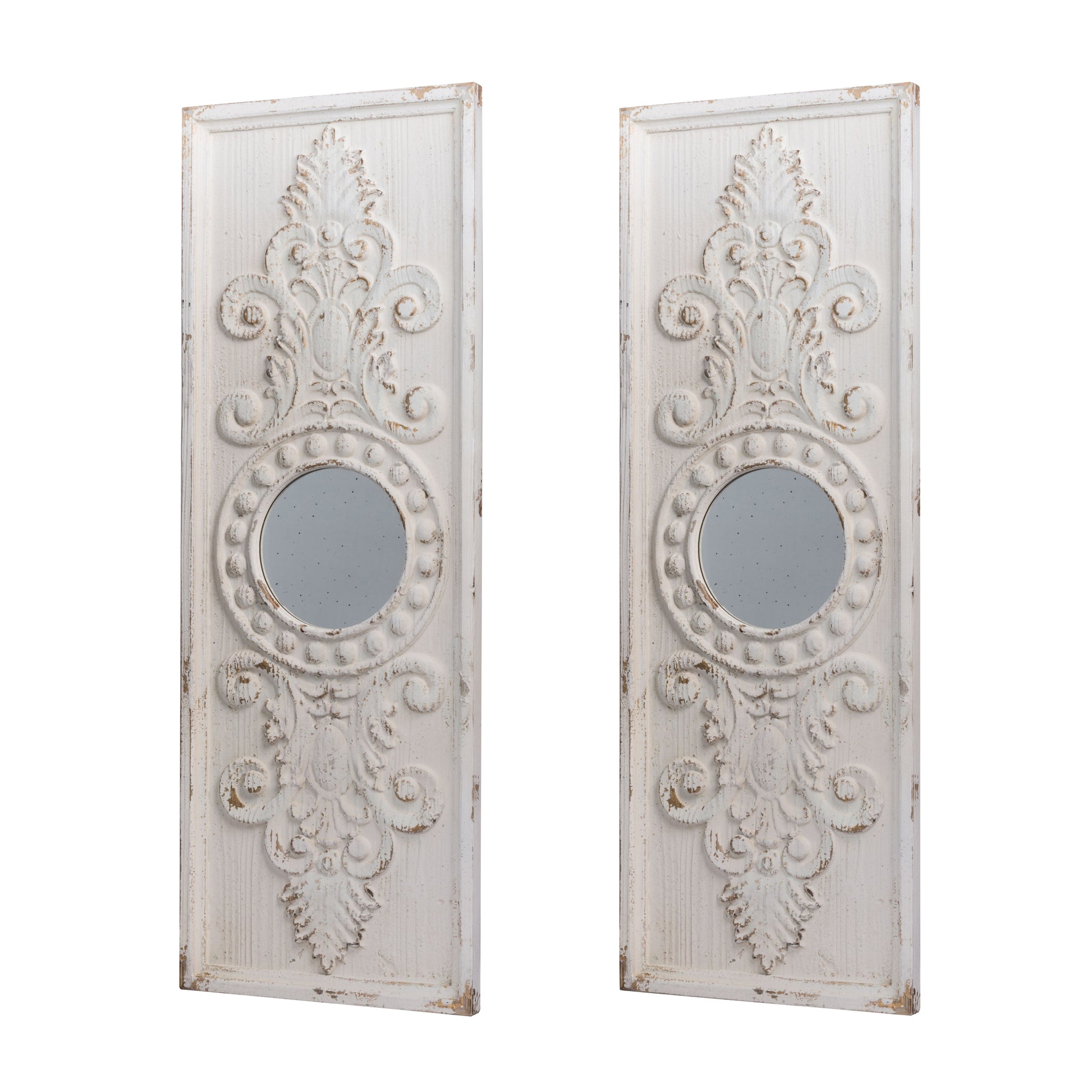 Set Of 2 Large Wooden Wall Art Panels With Distressed White Finish And Round Mirror Accents,17" X 48" White Wood