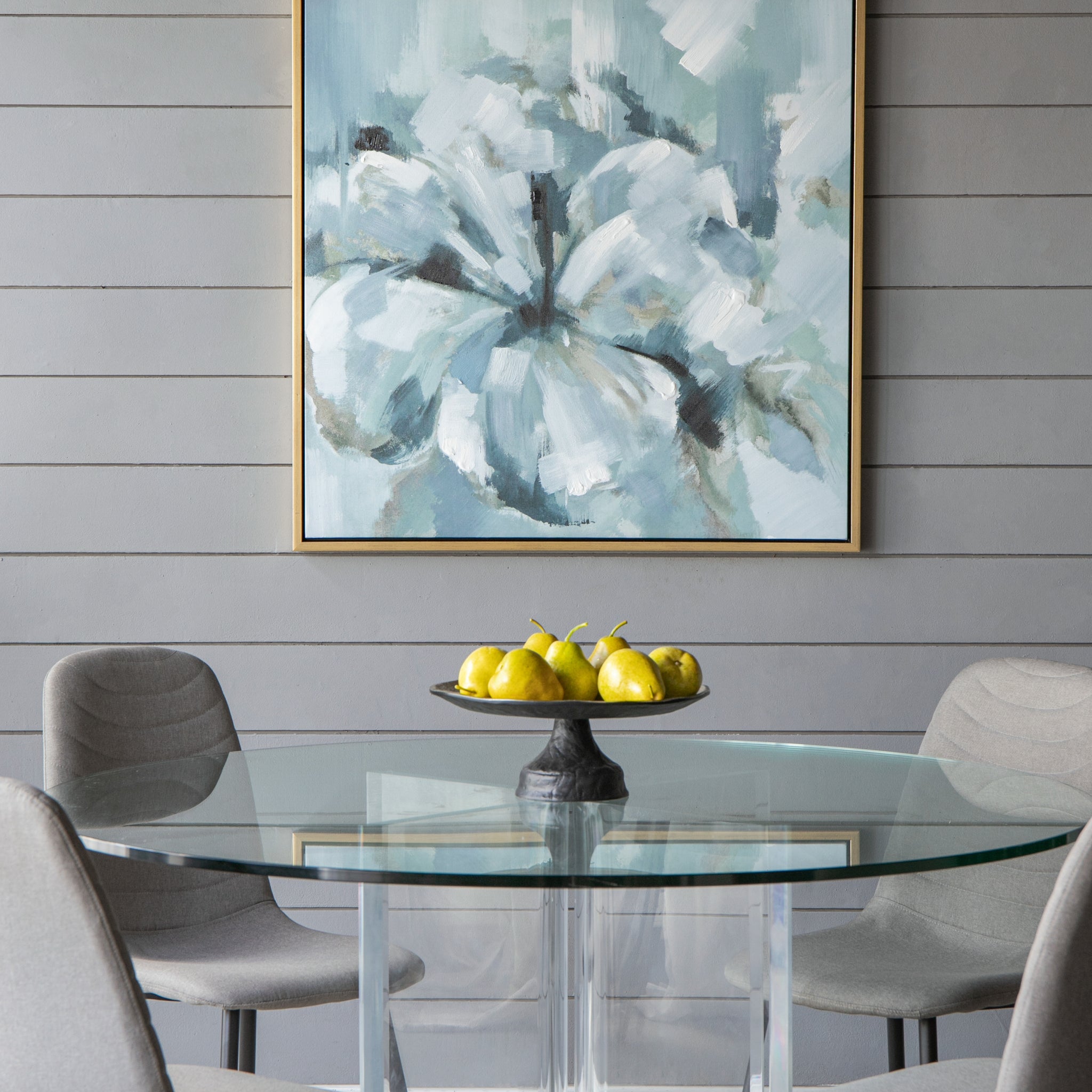 39.5" X 39.5" Large Modern Flower Oil Painting, Square Gold Frame Wall Art Blue Grey Polyester