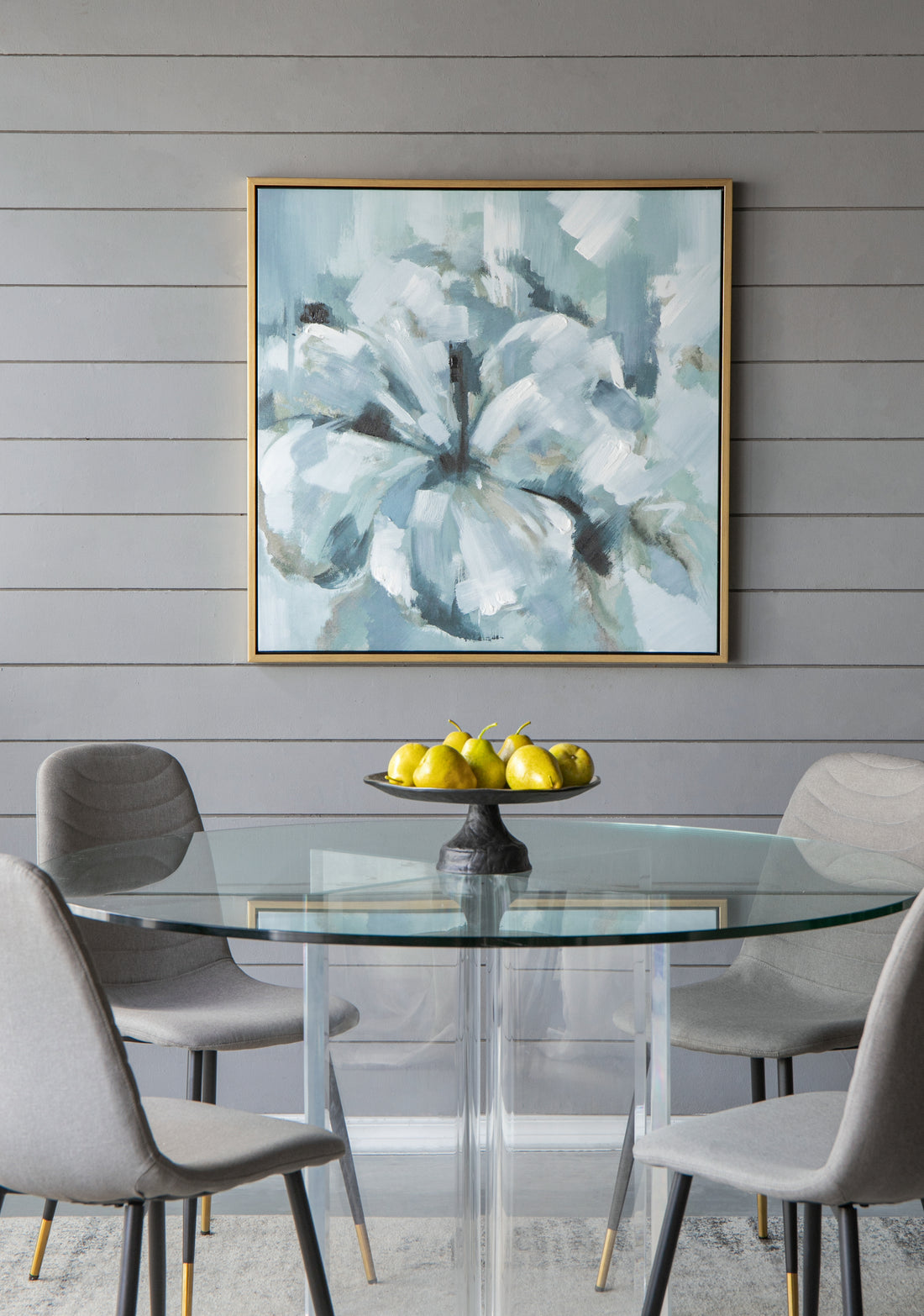 39.5" X 39.5" Large Modern Flower Oil Painting, Square Gold Frame Wall Art Blue Grey Polyester