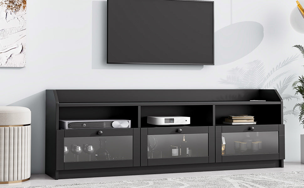 Sleek & Modern Design Tv Stand With Acrylic Board Door, Chic Elegant Media Console For Tvs Up To 65", Large Storage Space Tv Cabinet With Black Handles, Black Black Primary Living Space 60 69 Inches 60 69 Inches 65 Inches Particle Board