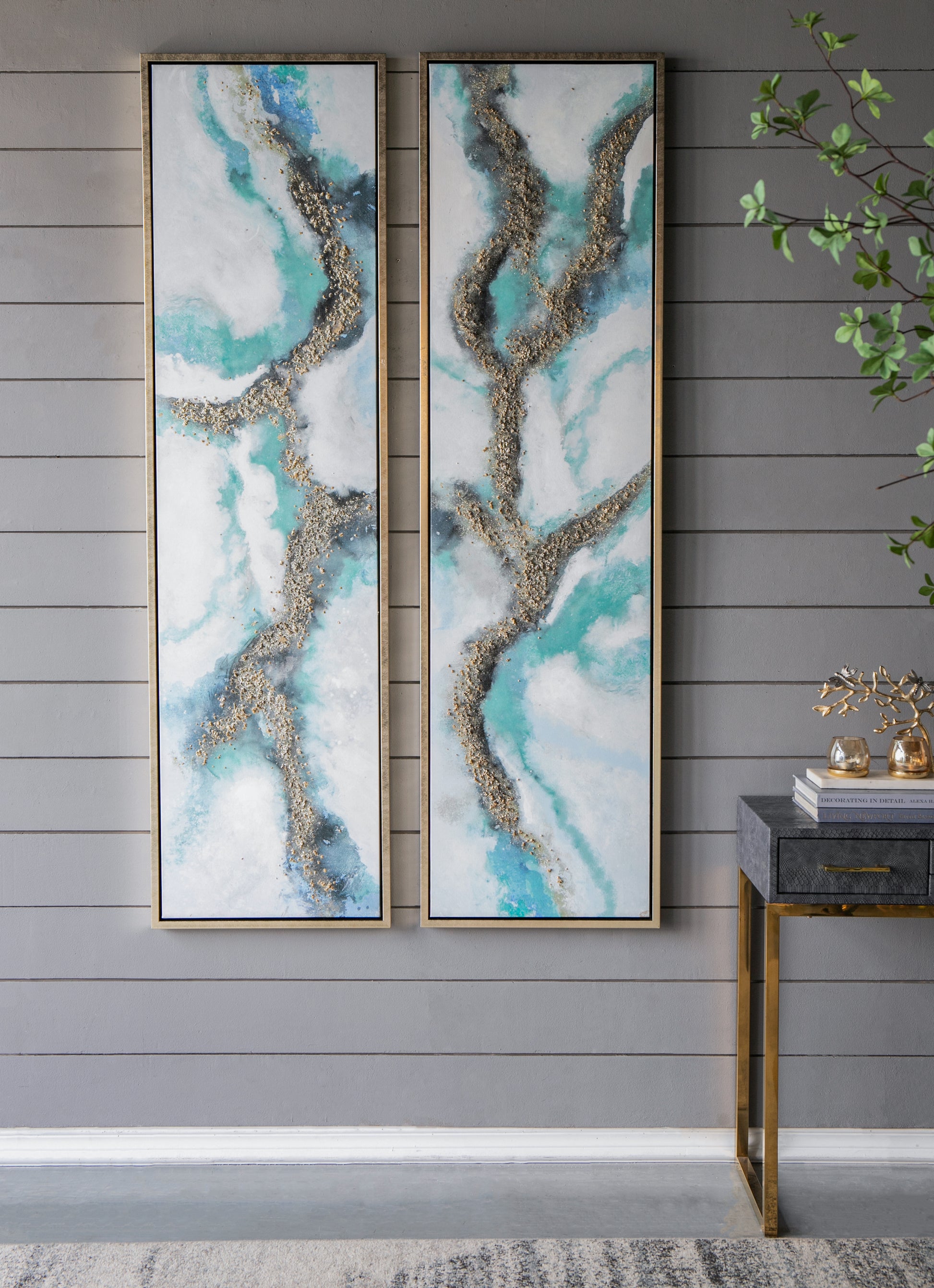 Set Of 2 Elongated Modern Abstract Oil Painting, Rectangle Framed Wall Art, 20" X 71" Multicolor Polyester