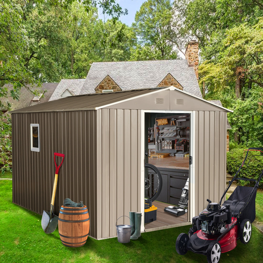 8Ft X 10Ft Outdoor Metal Storage Shed With Metal Floor Base,With Window,Grey W540S00017 Grey Iron