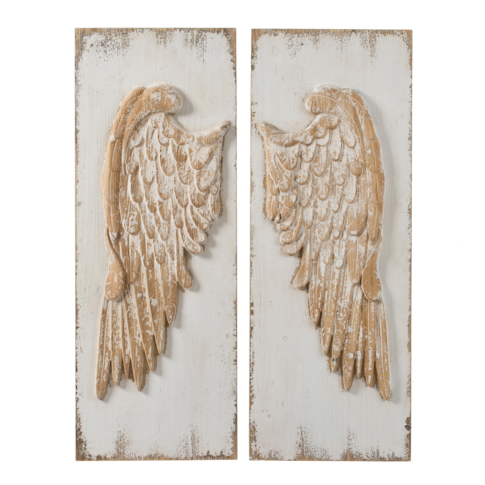 Set Of 2 Feather Wing Wall Panels With Distressed White Finish, Rectangle Hanging Wall Art, 42" X 15.5" Multicolor Wood