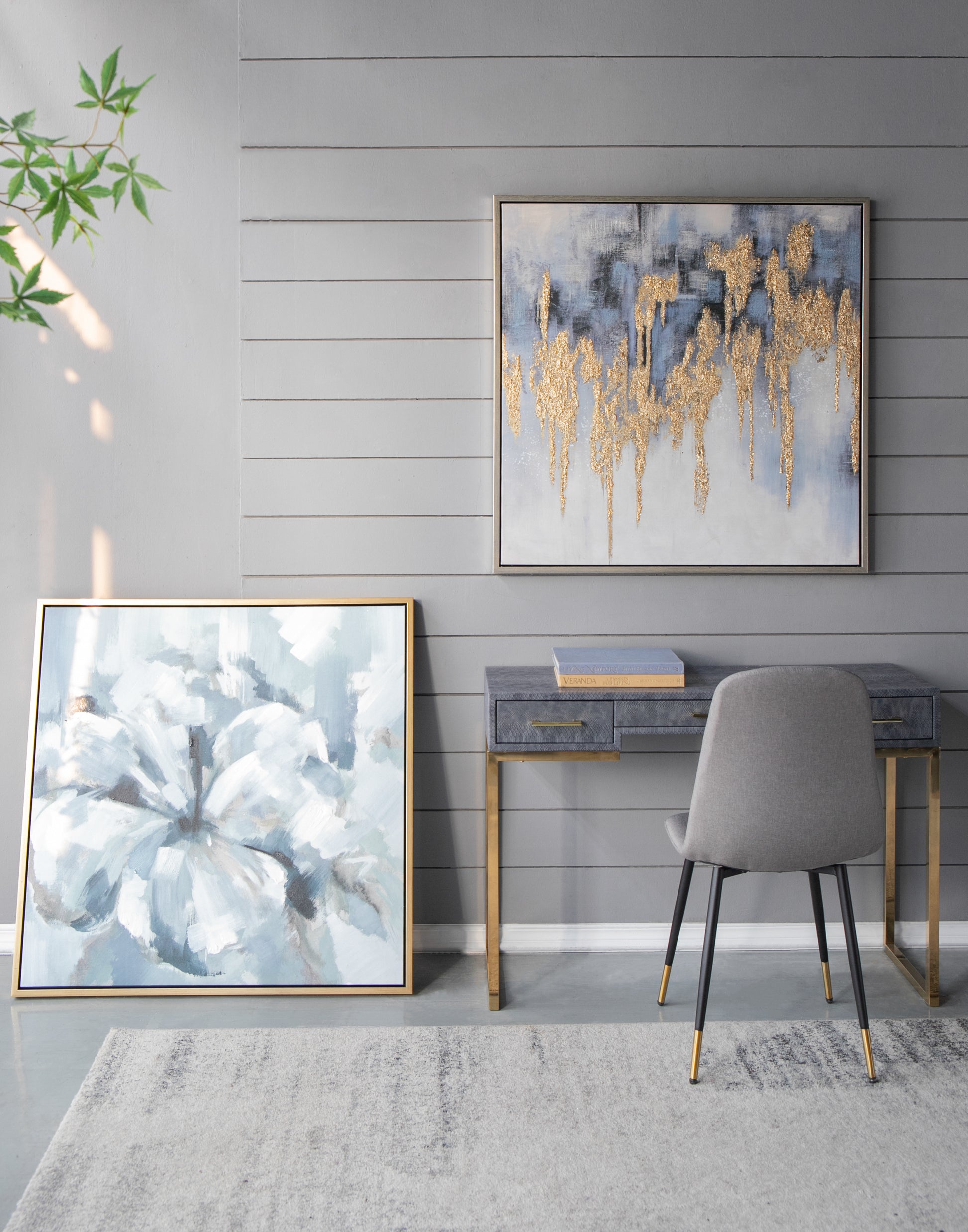 39.5" X 39.5" Large Modern Flower Oil Painting, Square Gold Frame Wall Art Blue Grey Polyester