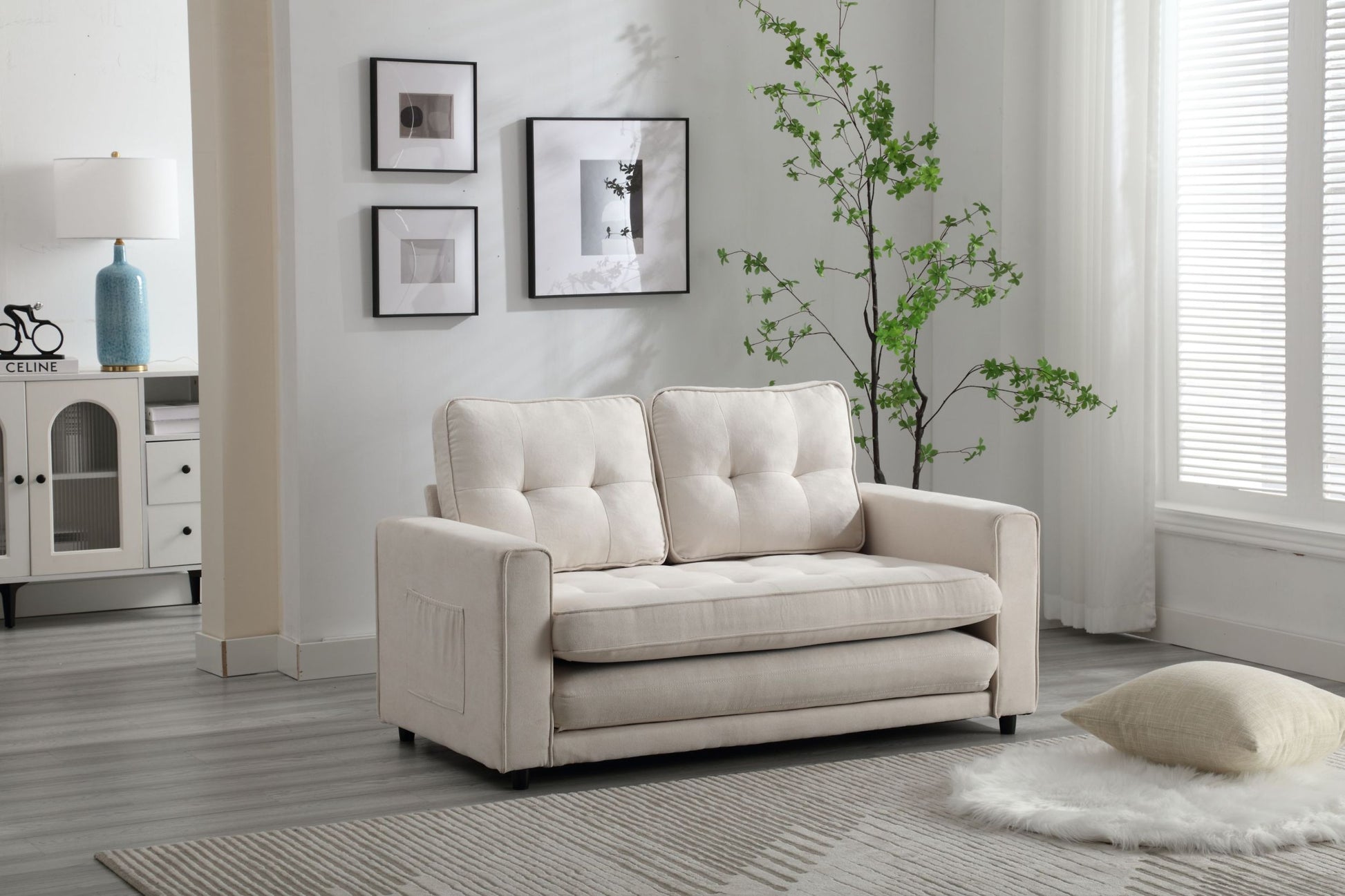 3 Fold Sofa,Convertible Futon Couch Sleeper Sofabed,Space Saving Seat,Pull Out Couch Bed For Living Room,Dark Gray & Light Gray & Beige,Velvet Linen Fabric Beige Velvet Wood Primary Living Space Medium Soft Loose Back Modern Square Arms Velvet 2 Seat
