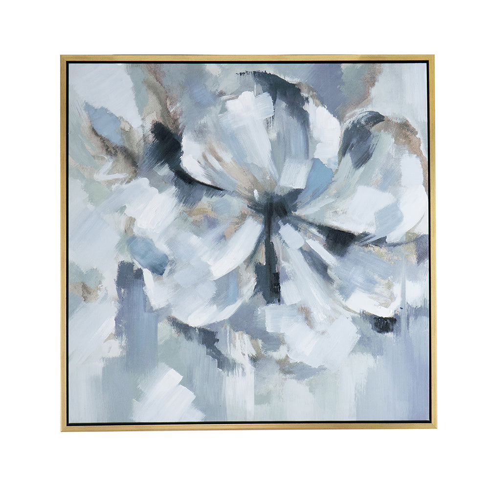 39.5" X 39.5" Large Modern Flower Oil Painting, Square Gold Frame Wall Art Blue Grey Polyester