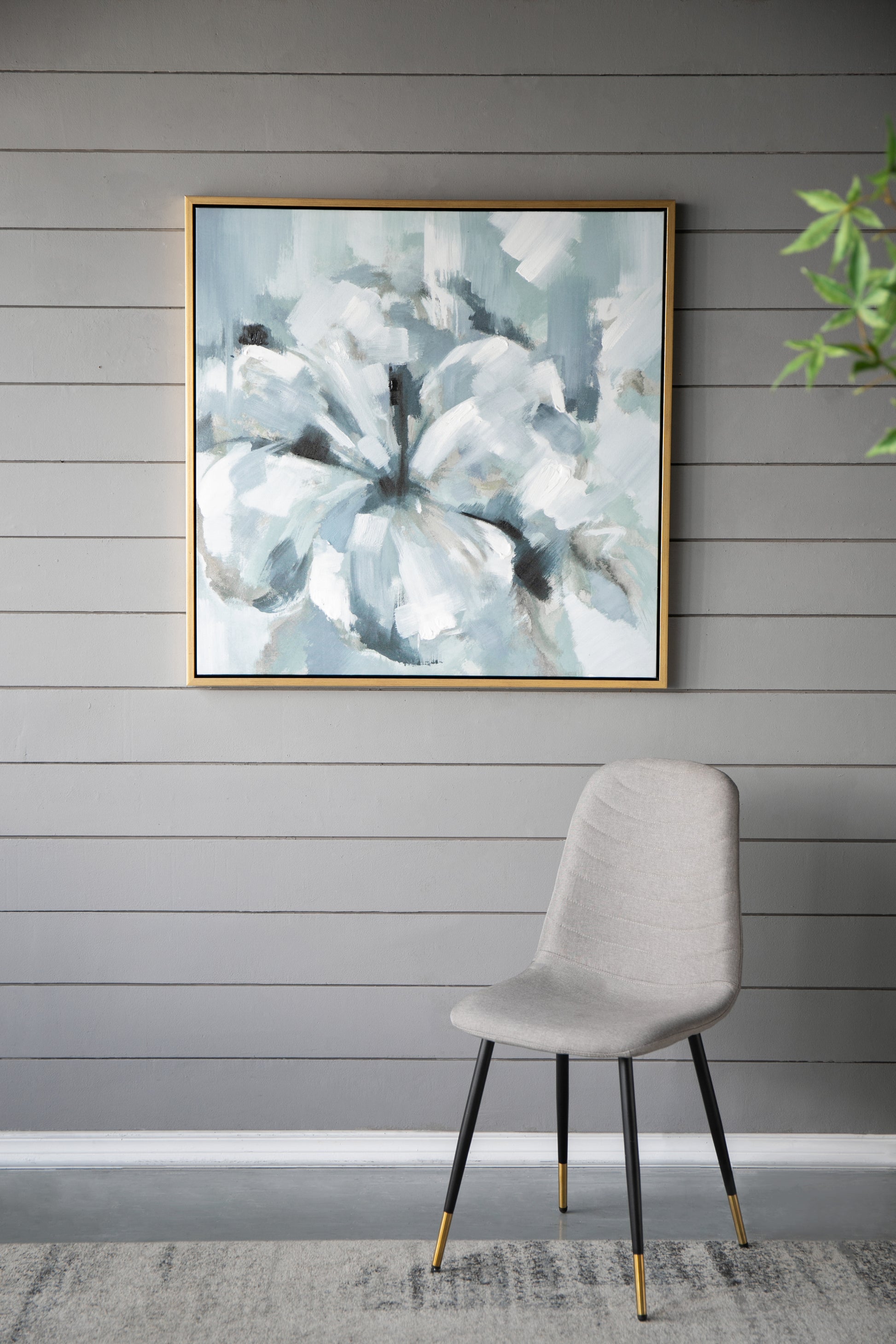 39.5" X 39.5" Large Modern Flower Oil Painting, Square Gold Frame Wall Art Blue Grey Polyester