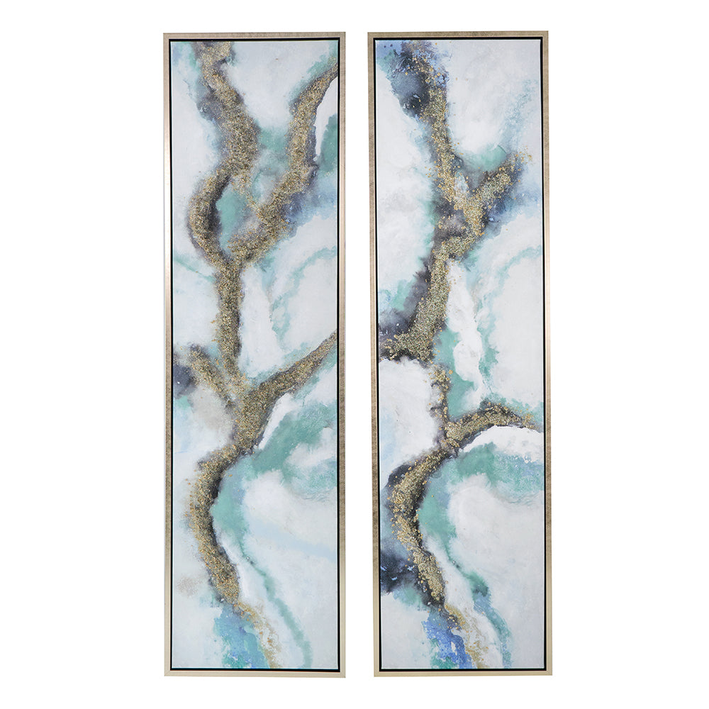 Set Of 2 Elongated Modern Abstract Oil Painting, Rectangle Framed Wall Art, 20" X 71" Multicolor Polyester