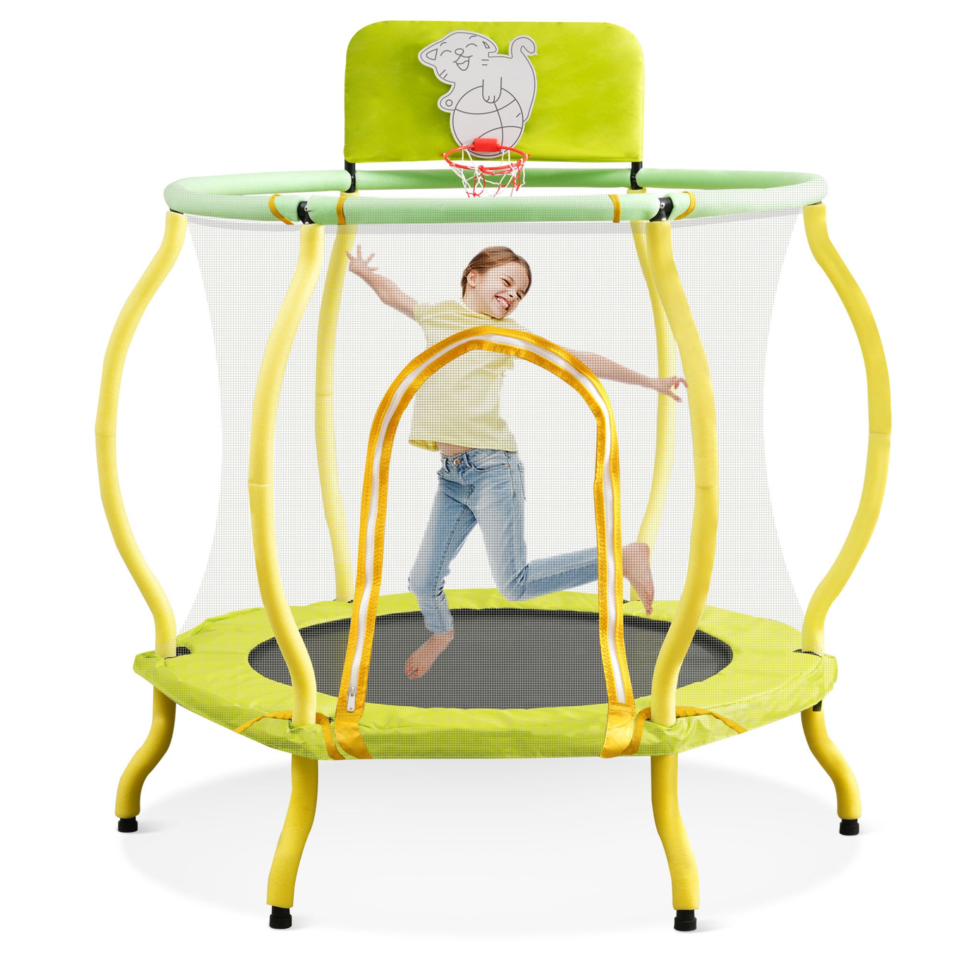 4Ft Trampoline For Kids 48" Indoor Mini Toddler Trampoline With Enclosure, Basketball Hoop And Ball Included, Arc Designed And Full Surrounded For Extra Protection Light Yellow Metal