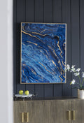 Set Of 2 Blue And Gold Framed Art Panels, Unique Marbled Design, 30.5