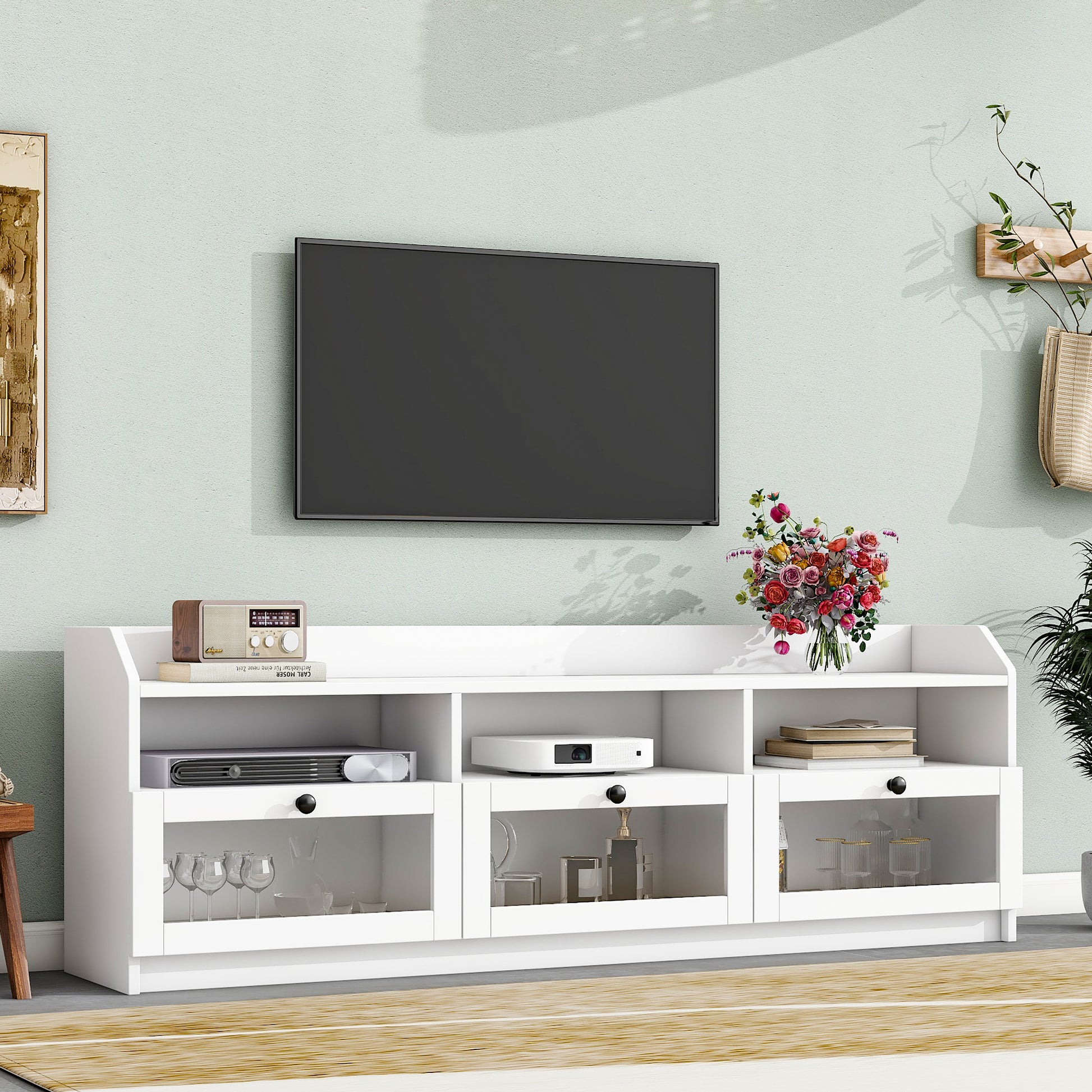 Sleek & Modern Design Tv Stand With Acrylic Board Door, Chic Elegant Media Console For Tvs Up To 65", Large Storage Space Tv Cabinet With Black Handles, White White Primary Living Space 60 69 Inches 60 69 Inches 65 Inches Particle Board