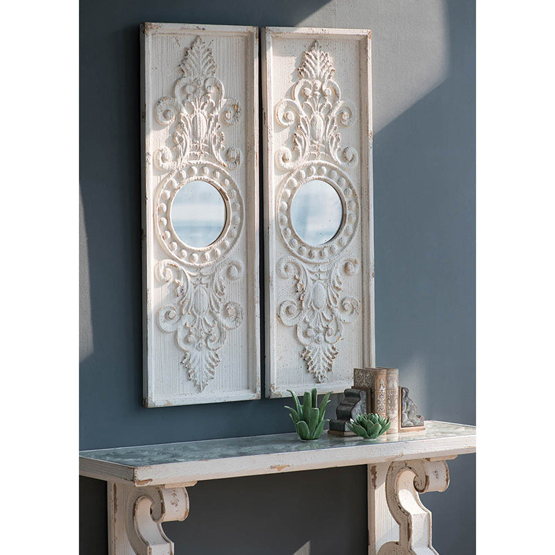 Set Of 2 Large Wooden Wall Art Panels With Distressed White Finish And Round Mirror Accents,17" X 48" White Wood