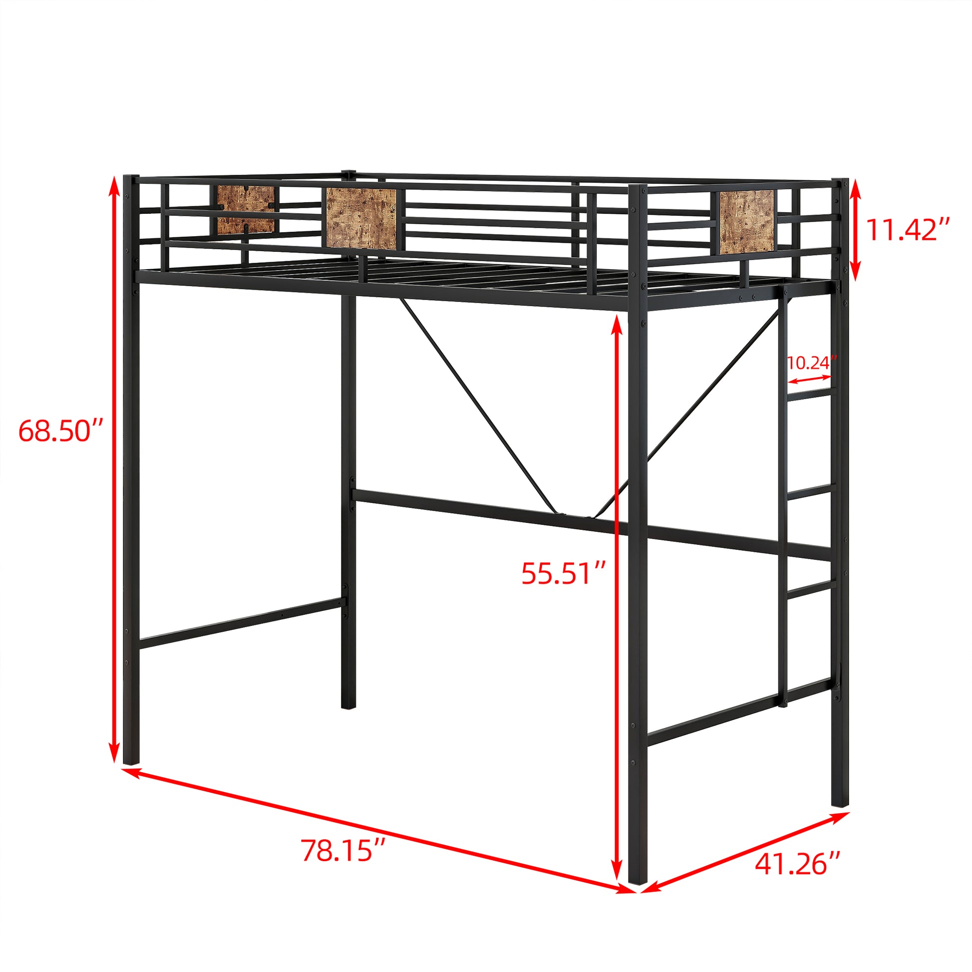 Metal Twin Loft Bed Frame With Stairs & Full Length Guardrail, Space Saving Design, No Box Spring Needed, Noise Free, Black Box Spring Not Required Twin Black Metal Bedroom Bed Frame Metal