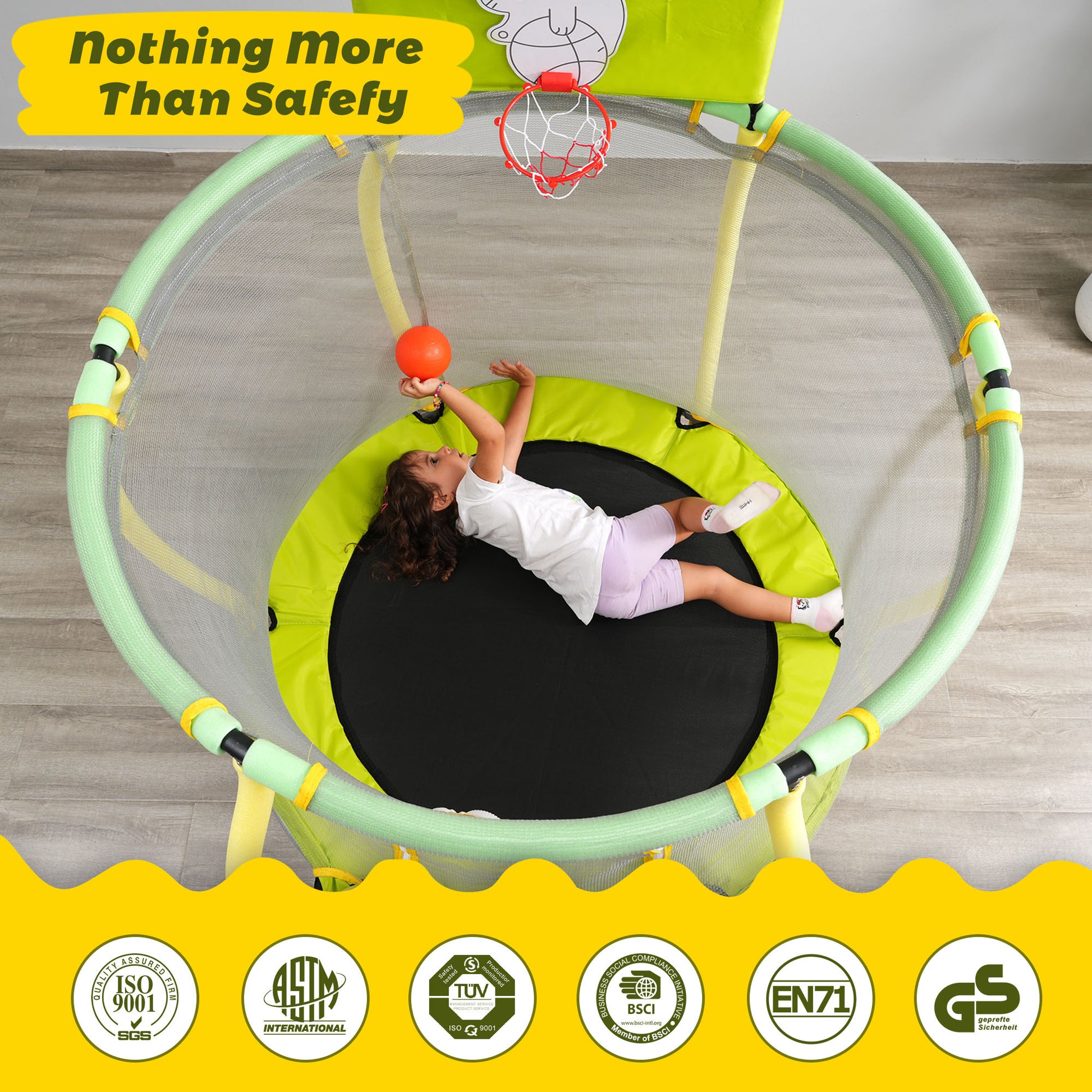 4Ft Trampoline For Kids 48" Indoor Mini Toddler Trampoline With Enclosure, Basketball Hoop And Ball Included, Arc Designed And Full Surrounded For Extra Protection Light Yellow Metal