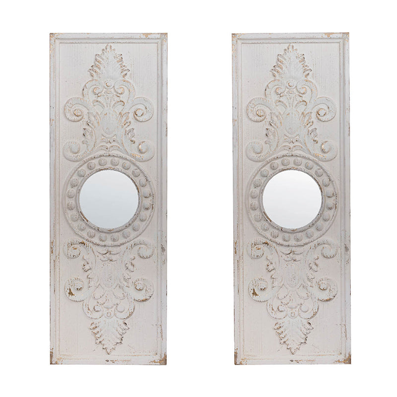 Set Of 2 Large Wooden Wall Art Panels With Distressed White Finish And Round Mirror Accents,17" X 48" White Wood