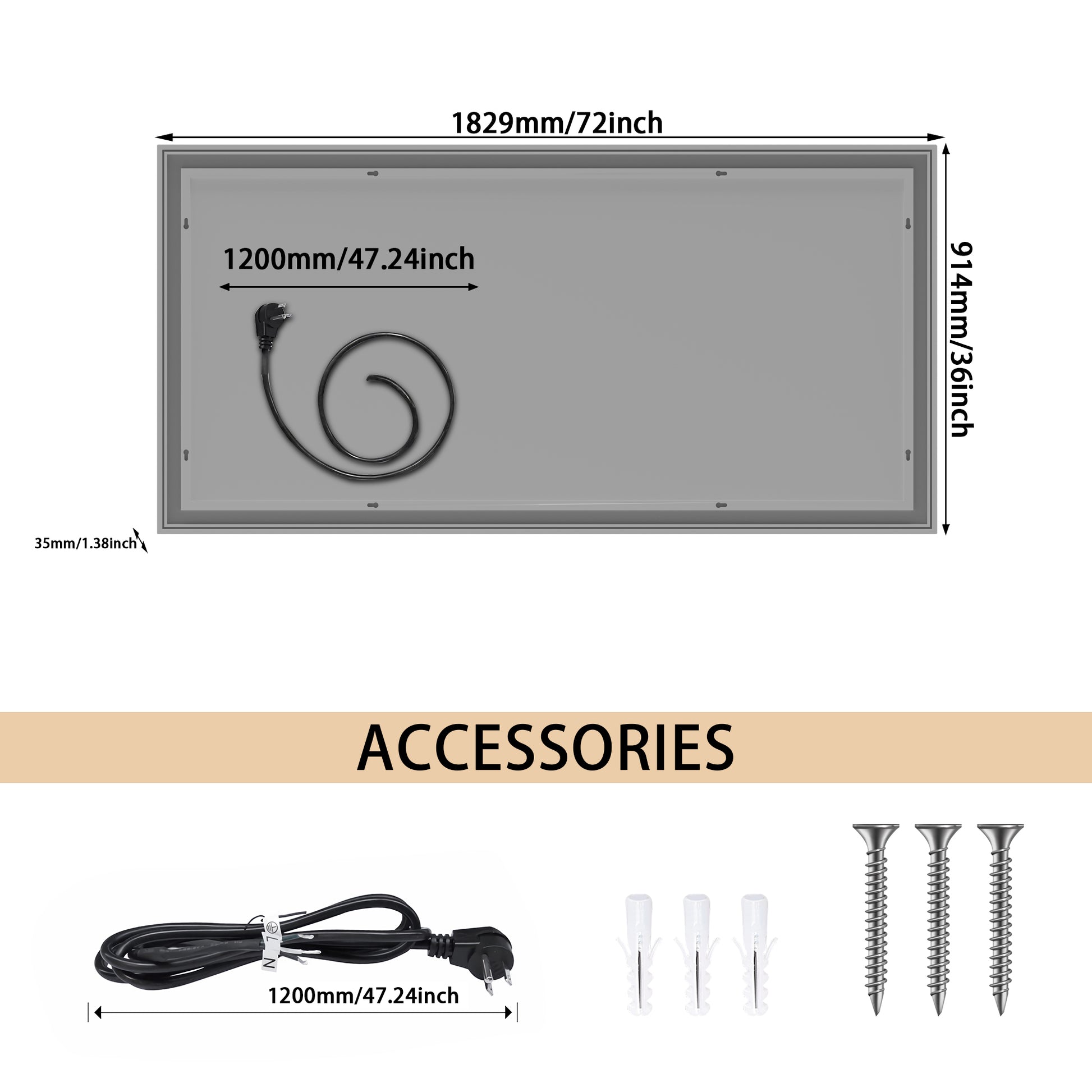 72X36 Inch Led Lit Bathroom Mirror, Wall Mounted Anti Fog Memory Rectangular Vanity Mirror With Tri White Front Circular Light And Touch Sensor Dimmer Switch White Glass