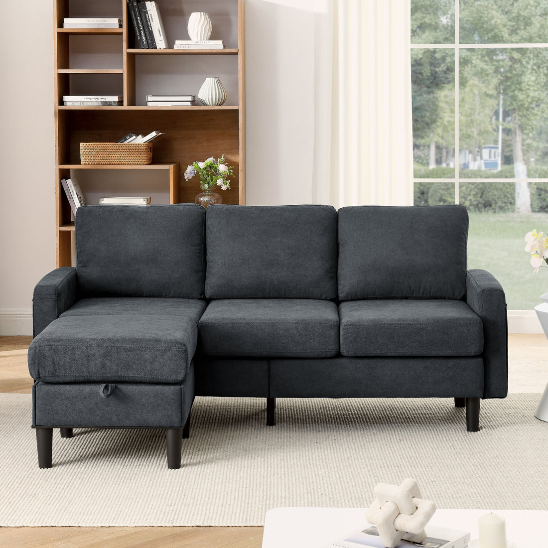 Upholstered Sectional Sofa Couch, L Shaped Couch With Storage Reversible Ottoman Bench 3 Seater For Living Room, Apartment, Compact Spaces, Fabric Dark Gray Dark Gray Wood Primary Living Space Soft Pillow Back Modern Square Arms Foam Solid Wood 4 Seat