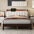 Full Size Platform Bed With Usb Charging Station And Storage Upholstered Headboard,Led Bed Frame,No Box Spring Needed,Walnut Beige Walnut Wood