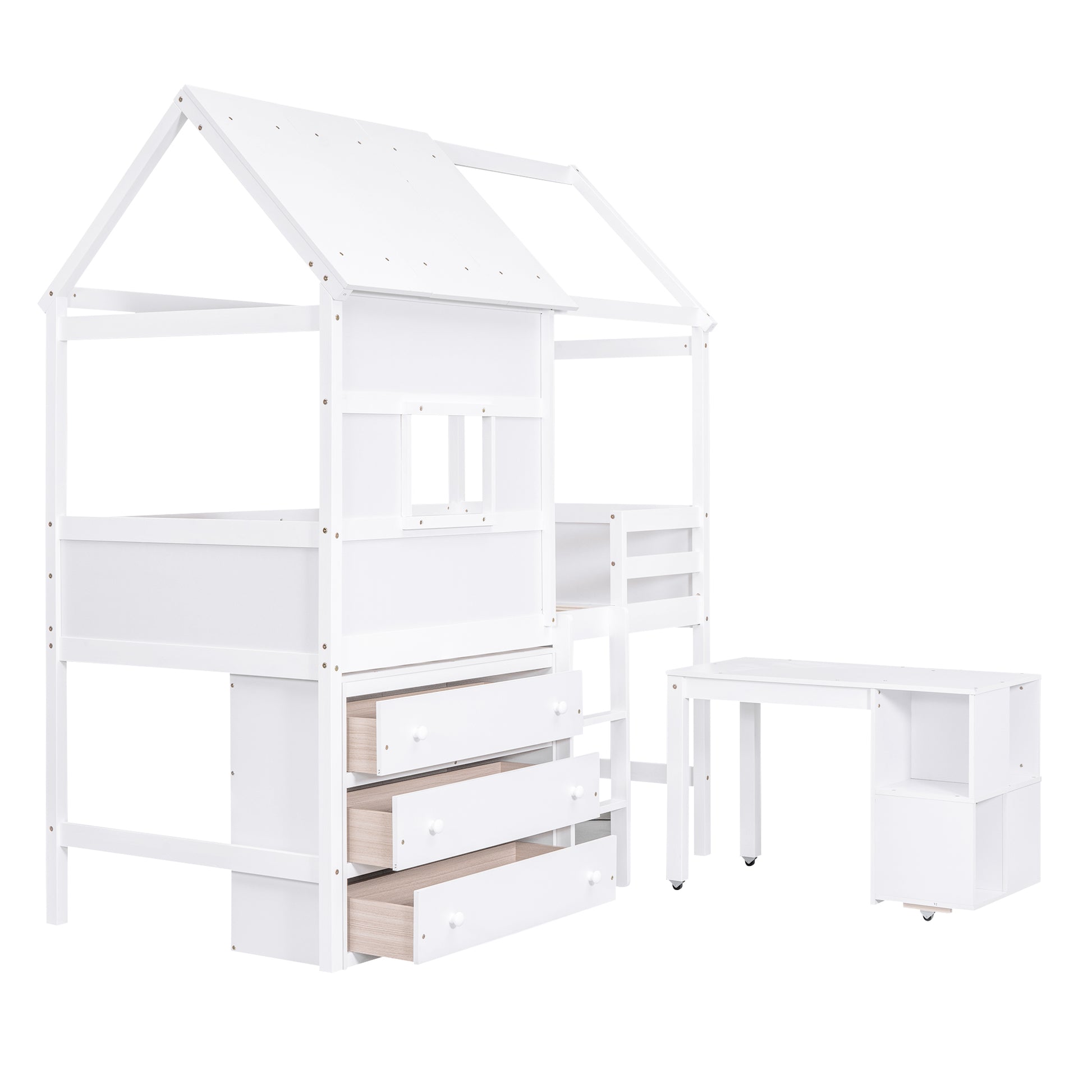 Twin Size House Loft Bed With Storage Desk And 3 Drawer Chest, White Box Spring Not Required Twin White Wood Bedroom Solid Wood Mdf