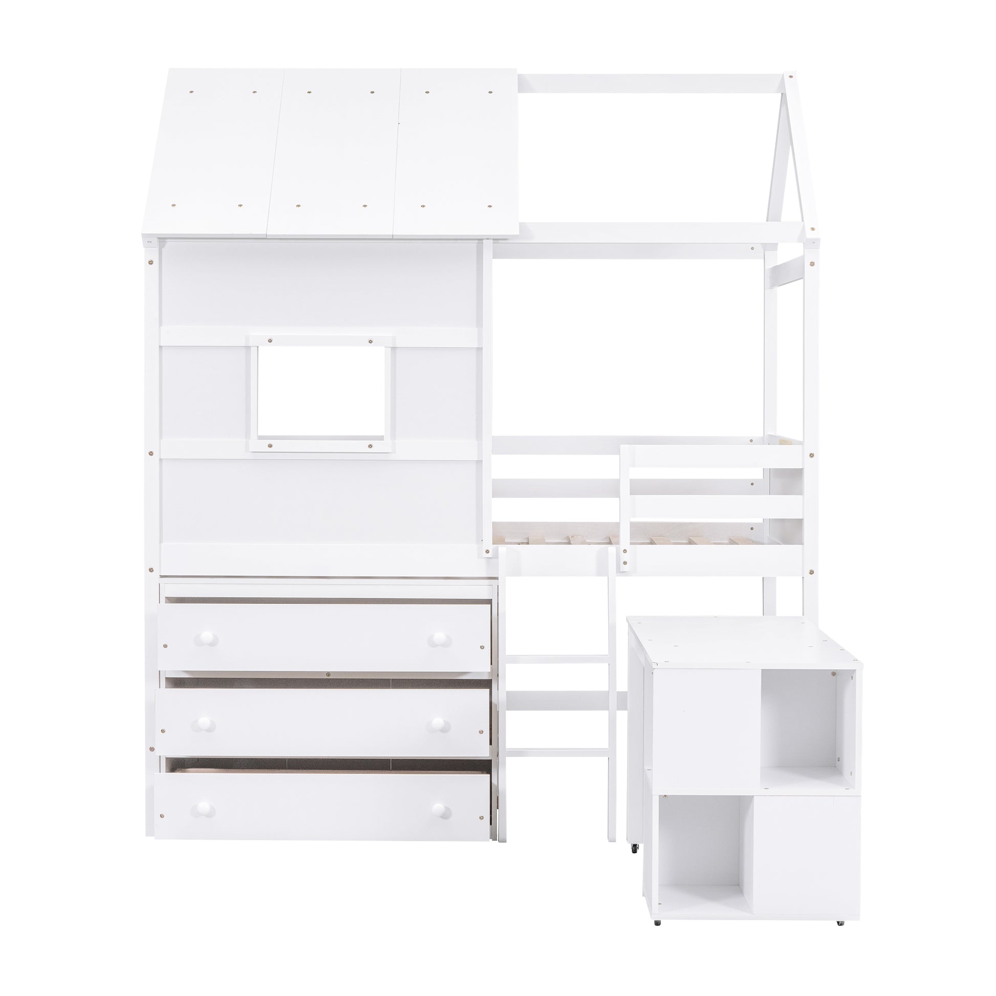 Twin Size House Loft Bed With Storage Desk And 3 Drawer Chest, White Box Spring Not Required Twin White Wood Bedroom Solid Wood Mdf