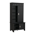 Multifunctional Hall Tree With Sliding Doors, Wooden Hallway Shoe Cabinet With Storage Bench And Shelves, Mudroom Coat Storage With Hanging Hooks For Entryways, Black Black Mdf