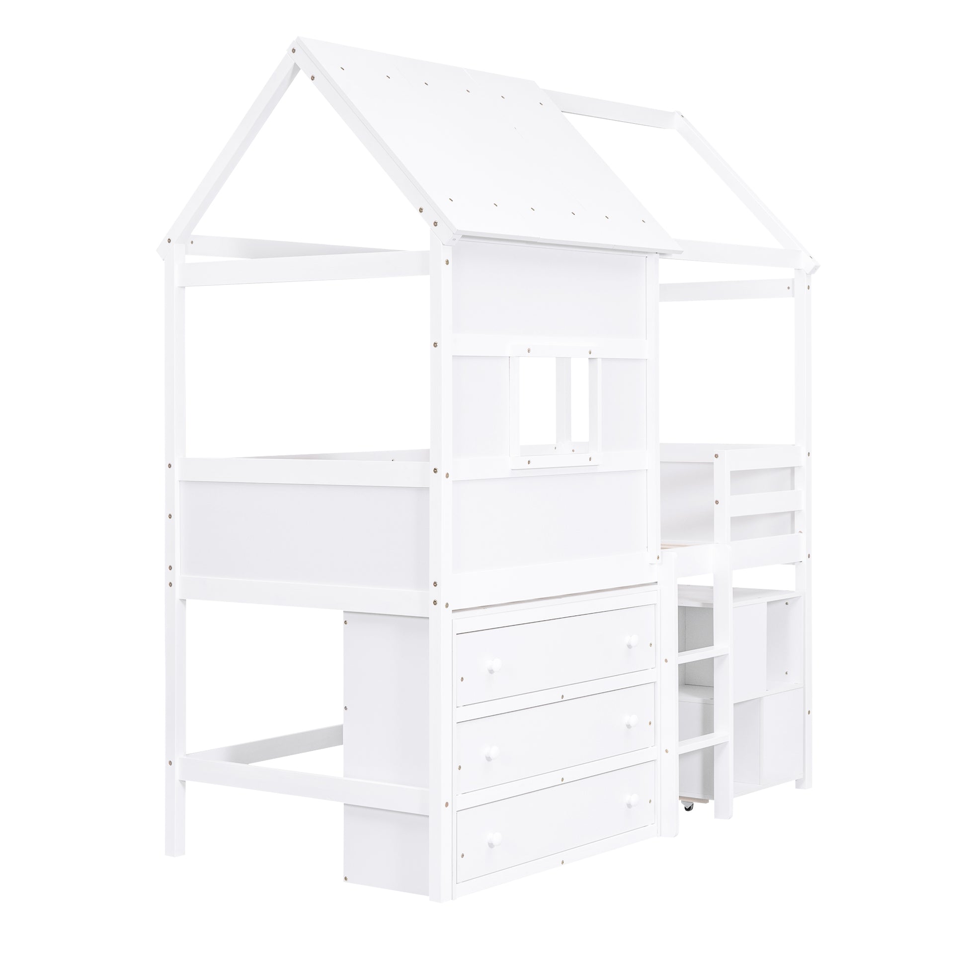 Twin Size House Loft Bed With Storage Desk And 3 Drawer Chest, White Box Spring Not Required Twin White Wood Bedroom Solid Wood Mdf