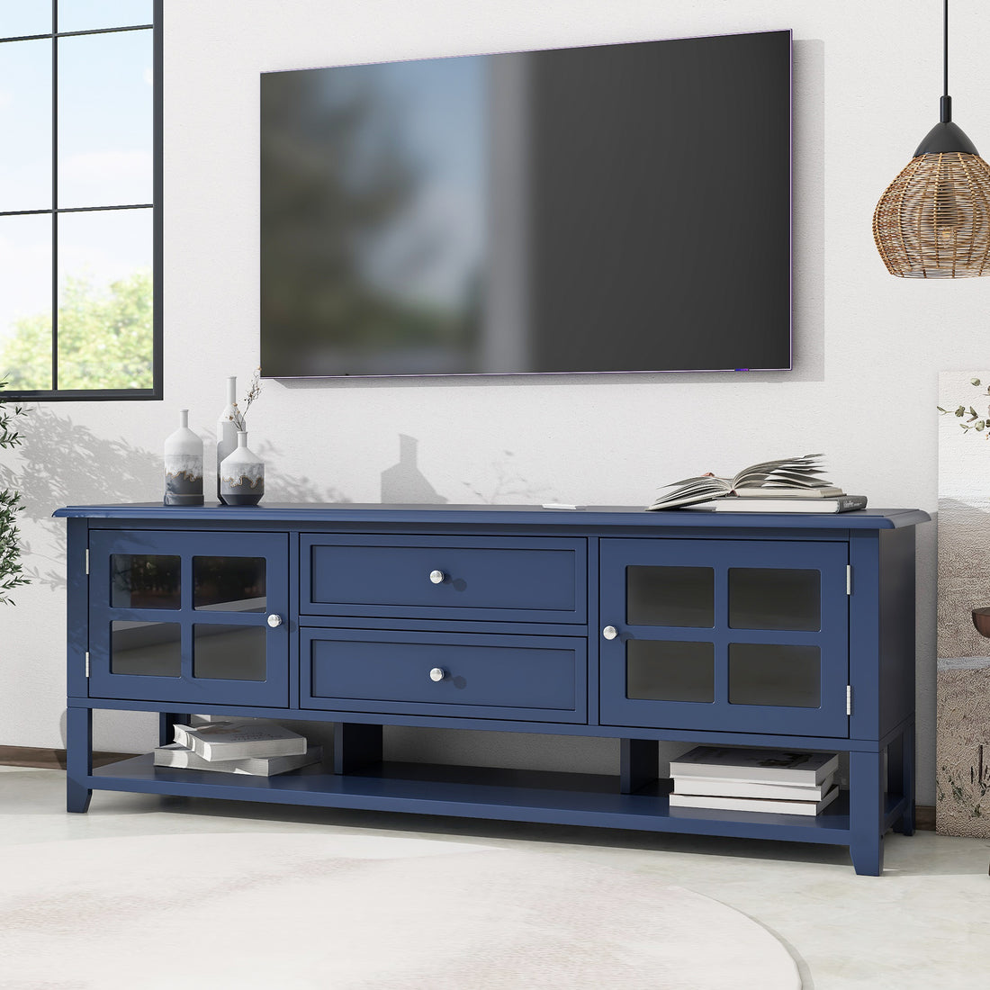 Tv Stand For Tvs Up To 60'', Entertainment Center With Multifunctional Storage Space, Tv Cabinet With Modern Design, Media Console For Living Room, Bedroom Blue 50 59 Inches 50 59 Inches 60 Inches Mdf